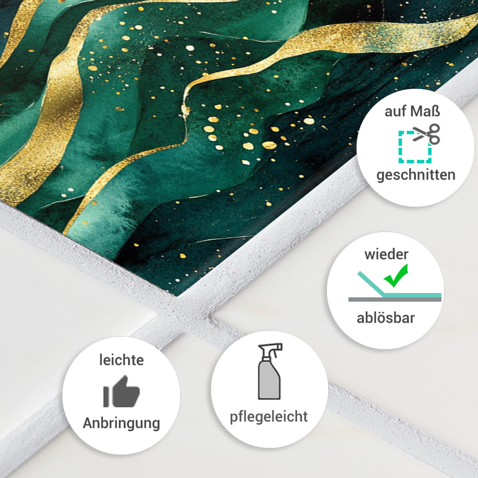 Grüner Wandaufkleber mit goldenen Akzenten, wiederablösbar.