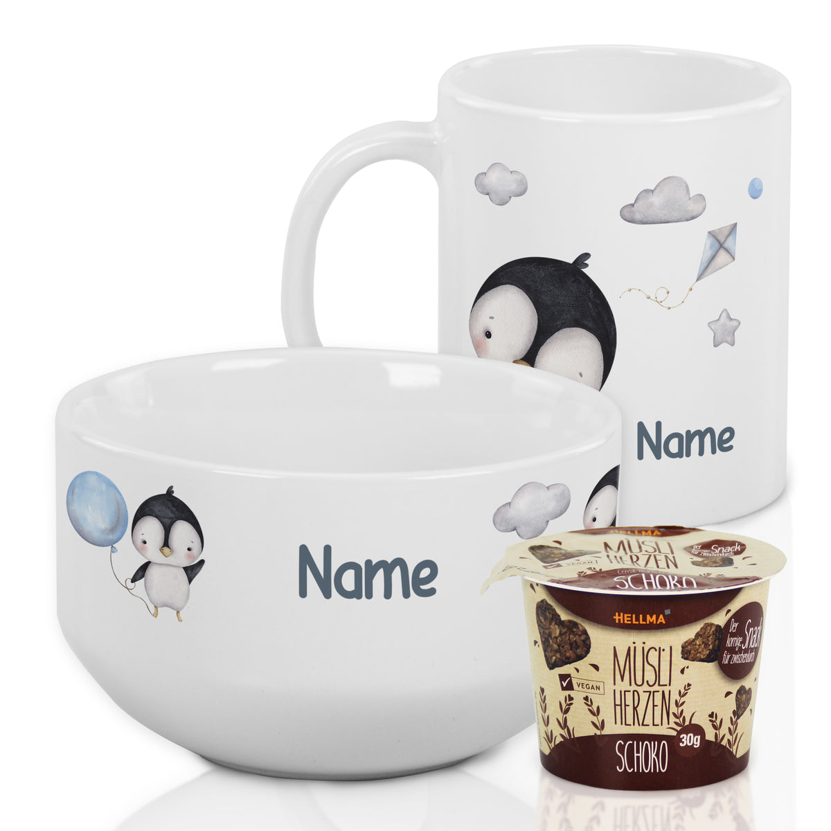 Weißes Geschirrset mit Pinguin-Motiv und personalisierbarem Namen.