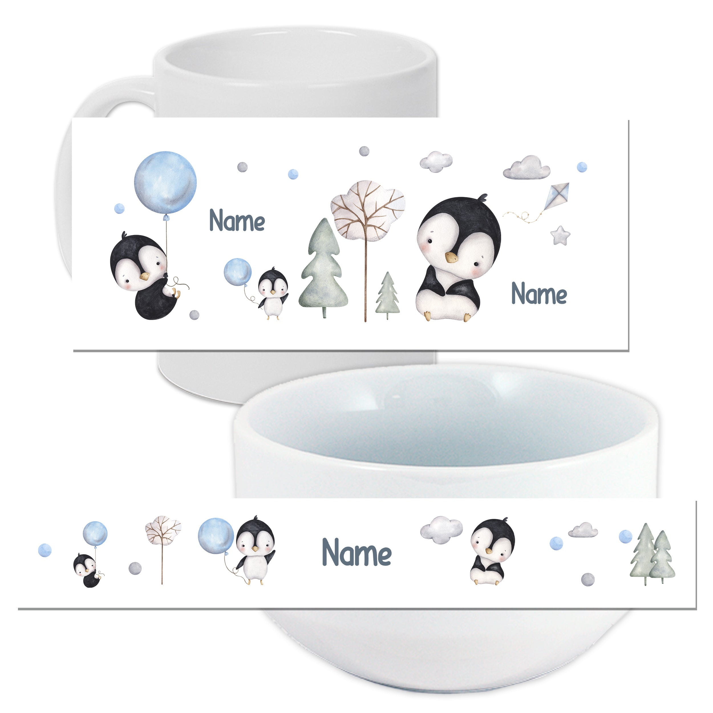 Personalisierte Tasse und Schüssel mit Pinguin-Motiven.