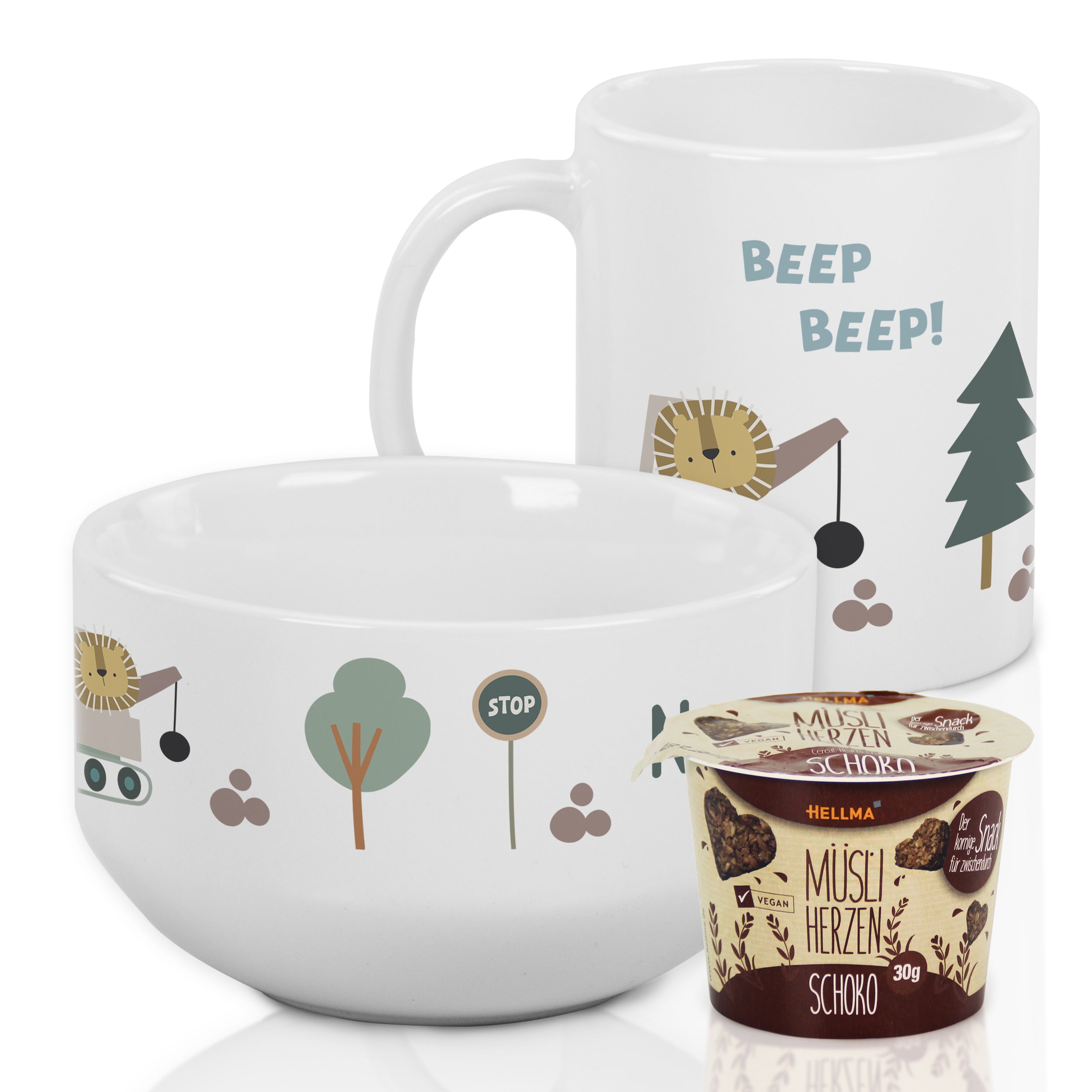 Schüssel und Becher mit kindgerechtem Design, weiß.