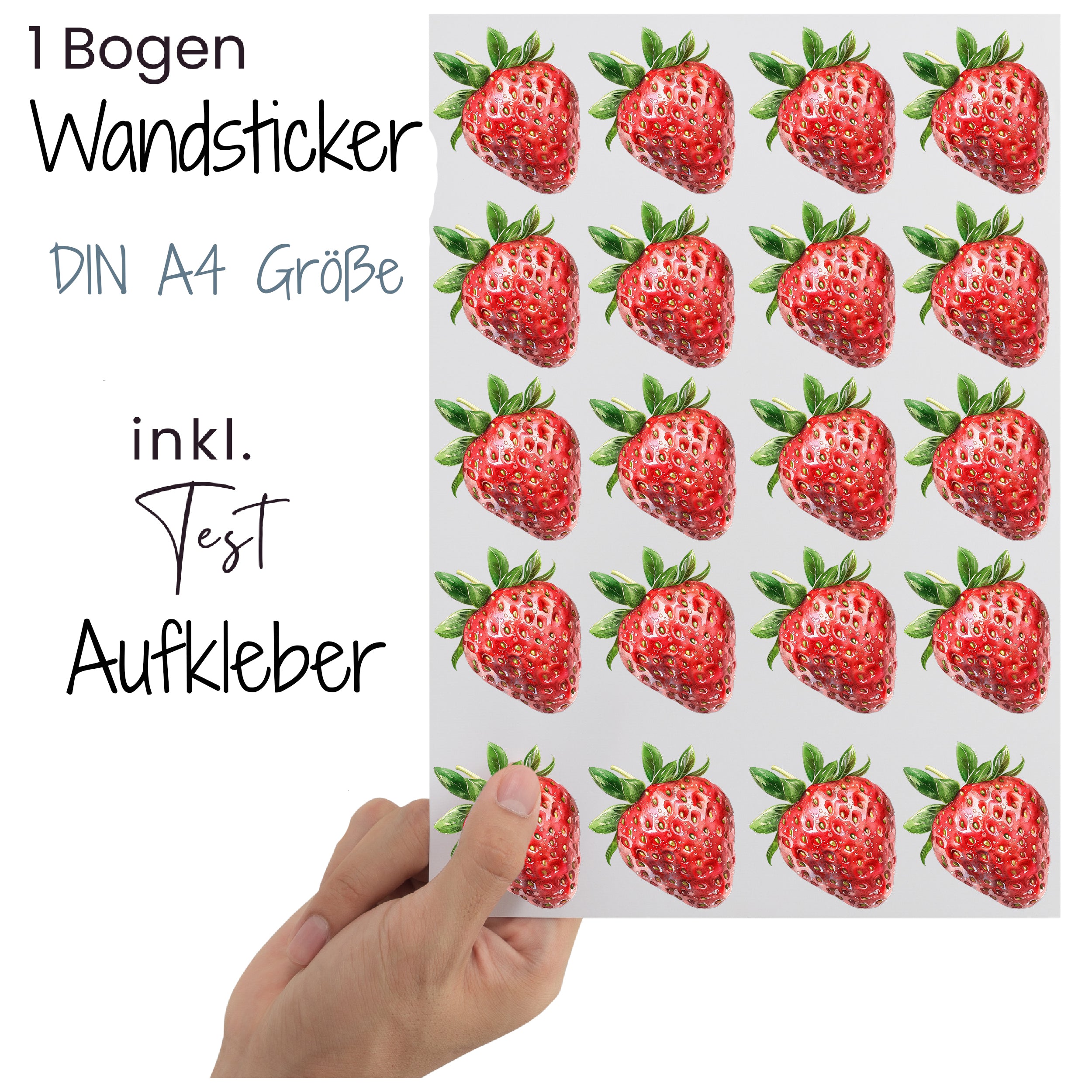 Wandsticker mit roten Erdbeeren, DIN A4 Größe.