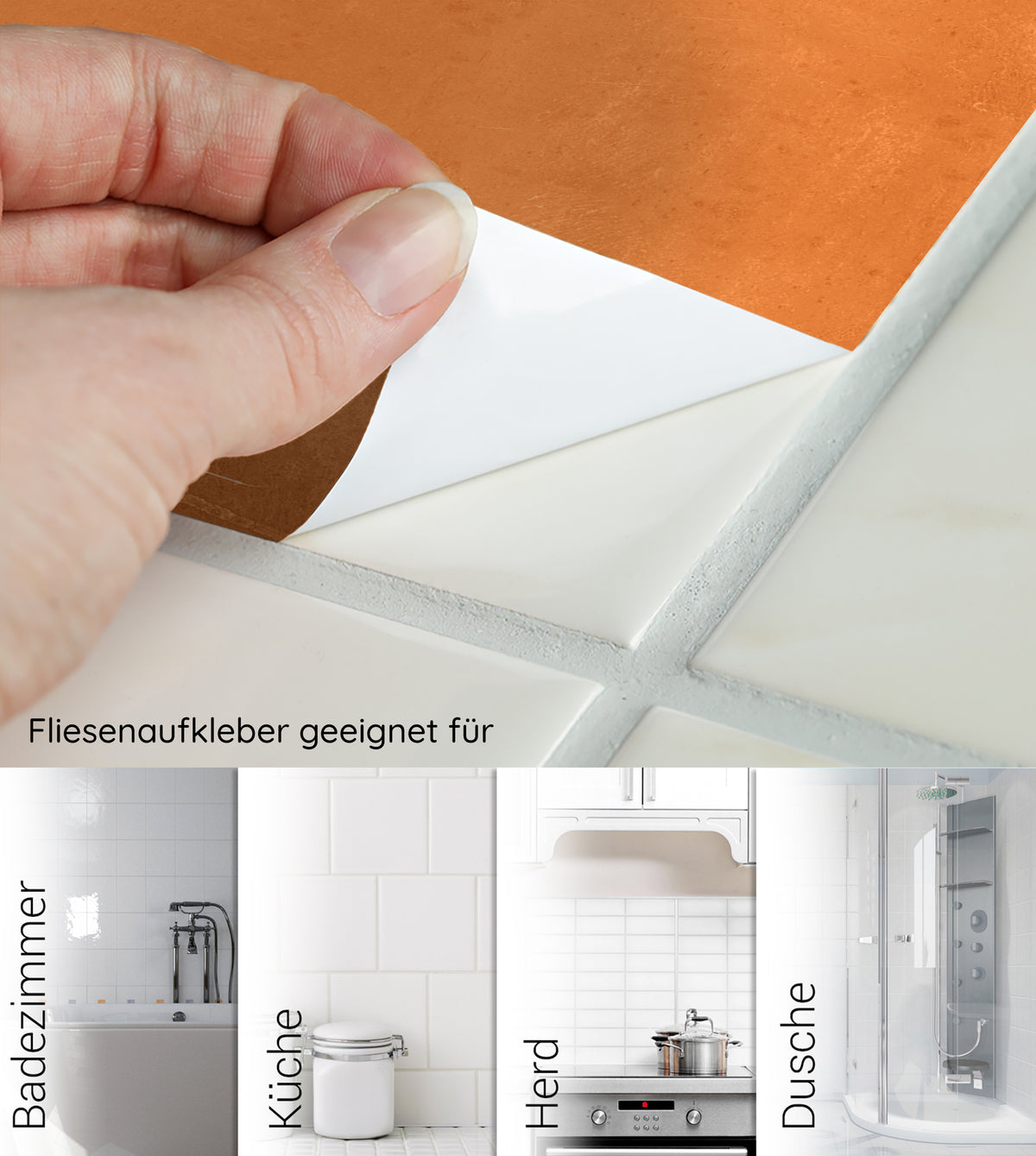 Fliesenaufkleber in Kupferfarbe, geeignet für Badezimmer und Küche.