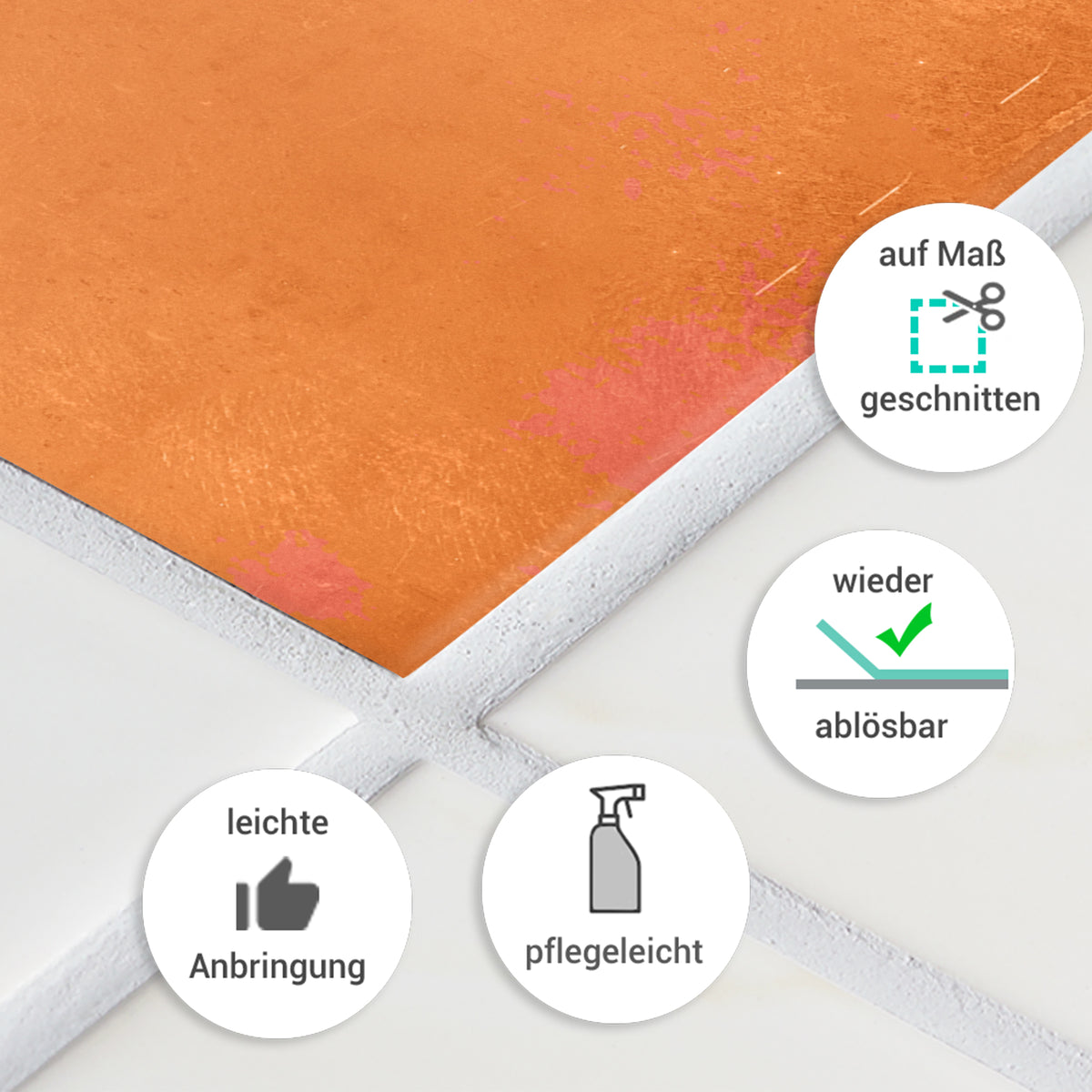 Orangenfarbene, pflegeleichte, wiederablösbare Fliesenfolie, maßgeschneidert.