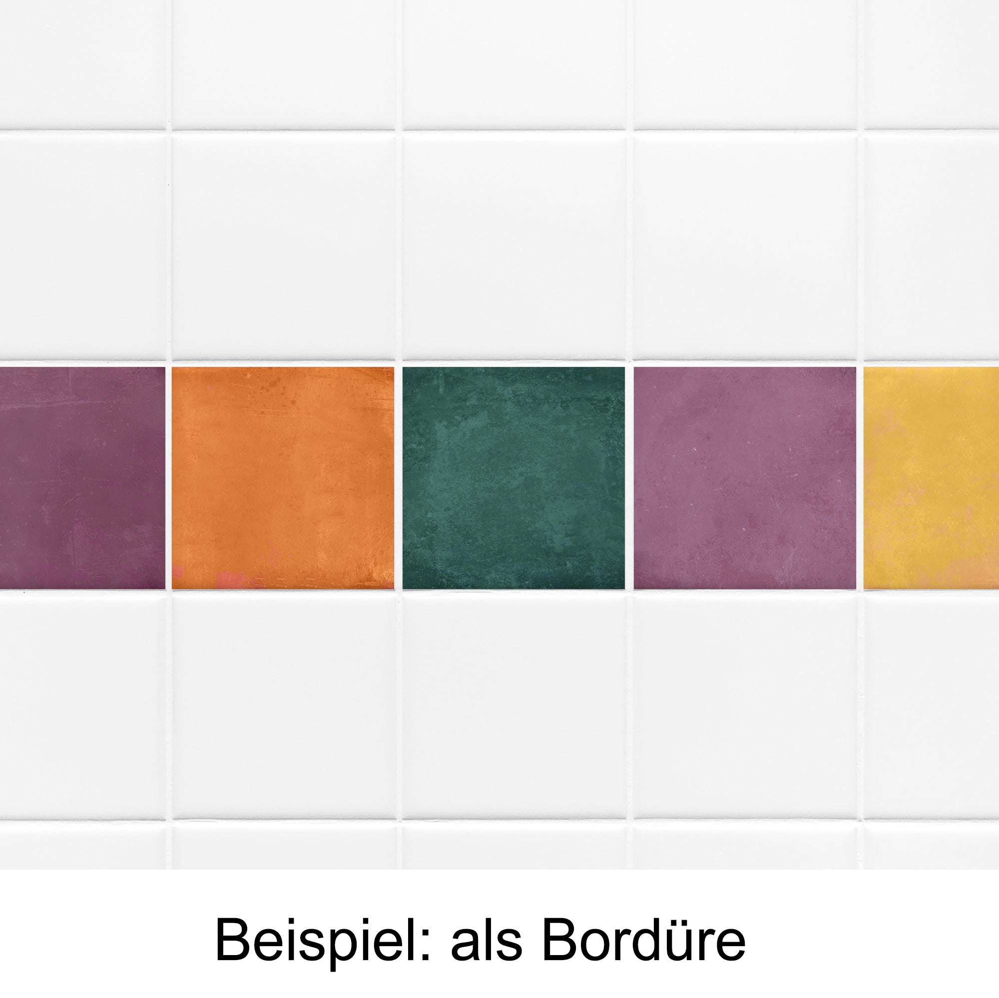 Bunte Fliesenbordüre in Lila, Orange, Grün und Gelb.