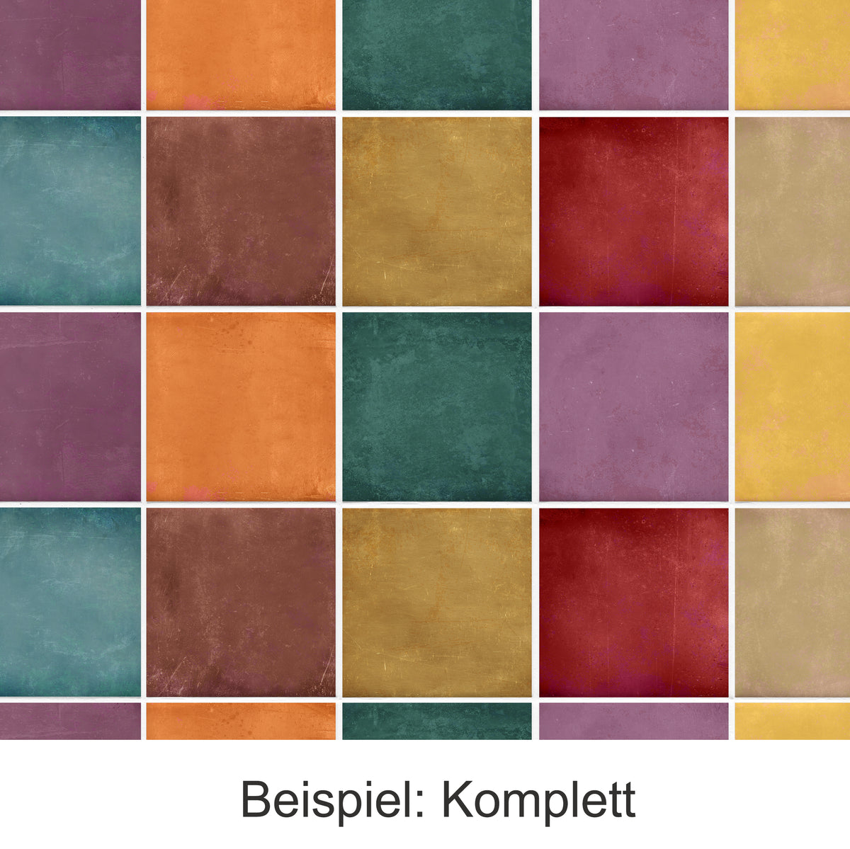 Bunte quadratische Farbmuster in verschiedenen Tönen.