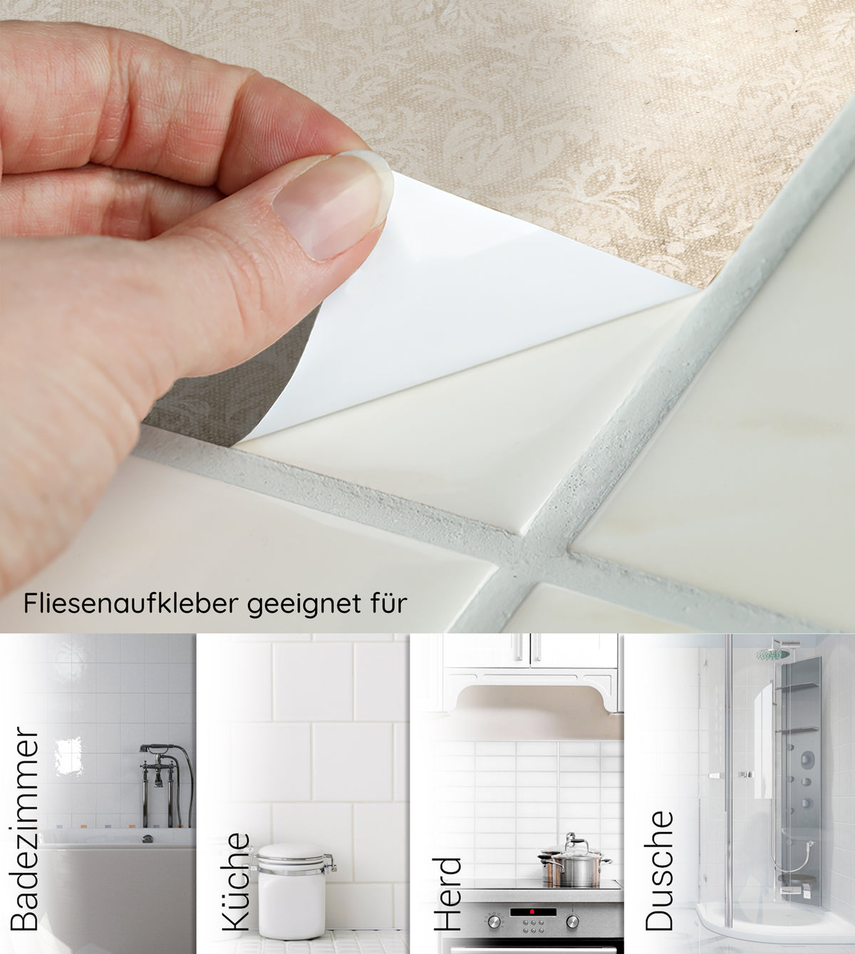 Fliesenaufkleber in Weiß, geeignet für Badezimmer und Küche.