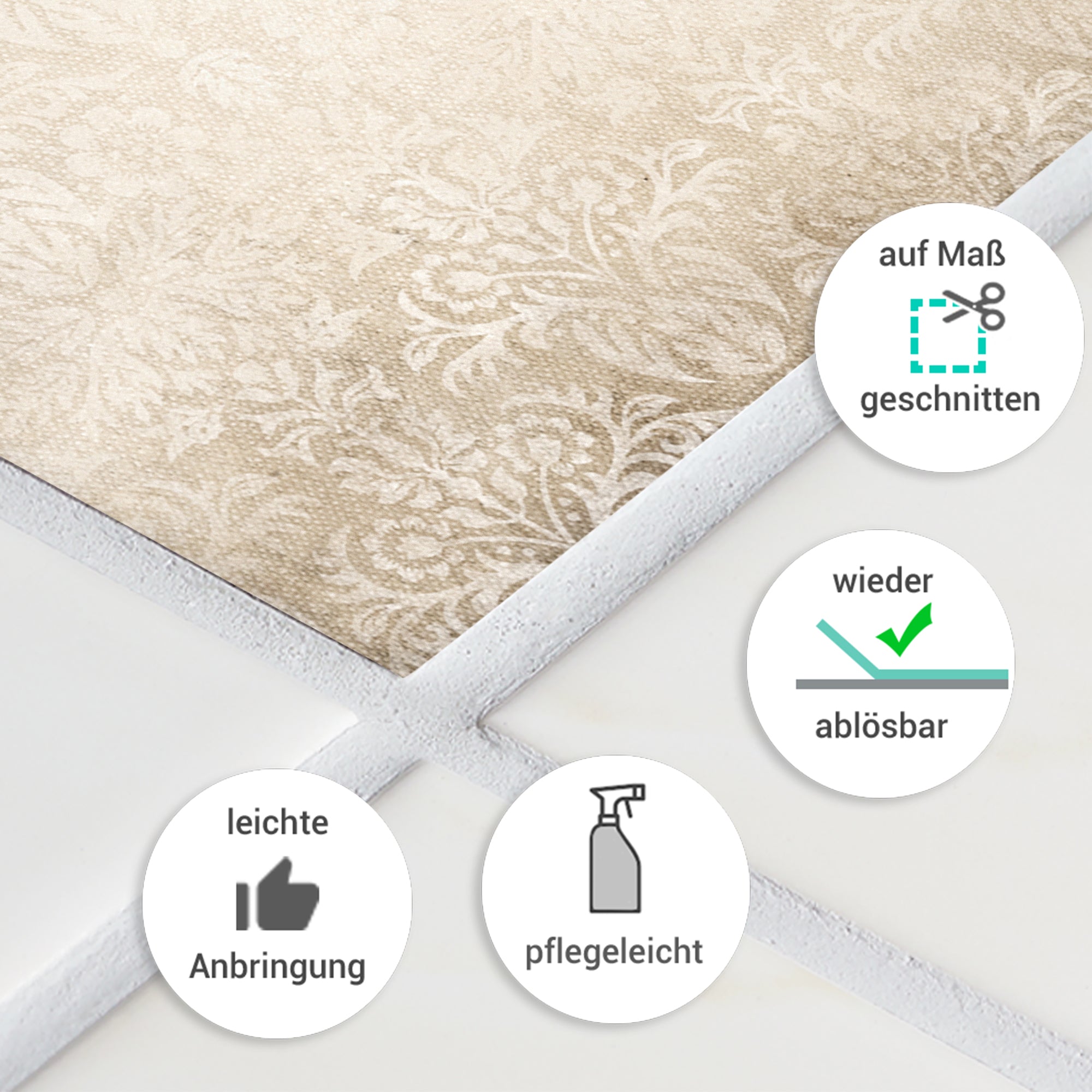 Beige, florale Teppichboden mit ablösbarer, pflegeleichter Oberfläche.