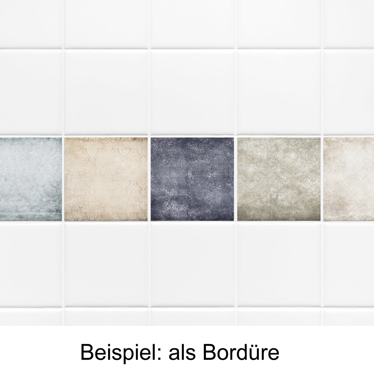 Fliesenbordüre in Blau, Beige, Grau und Grün.