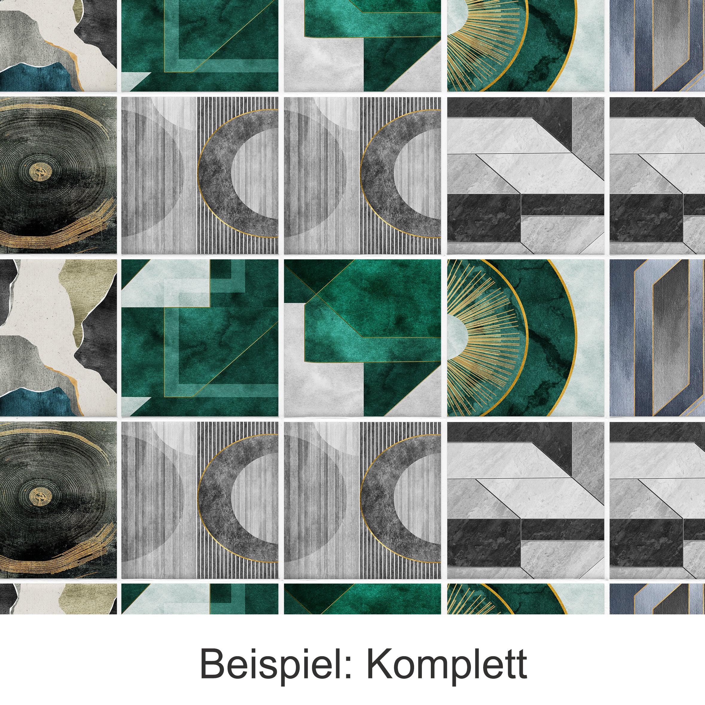 Geometrische Muster in Grün, Grau und Schwarz.