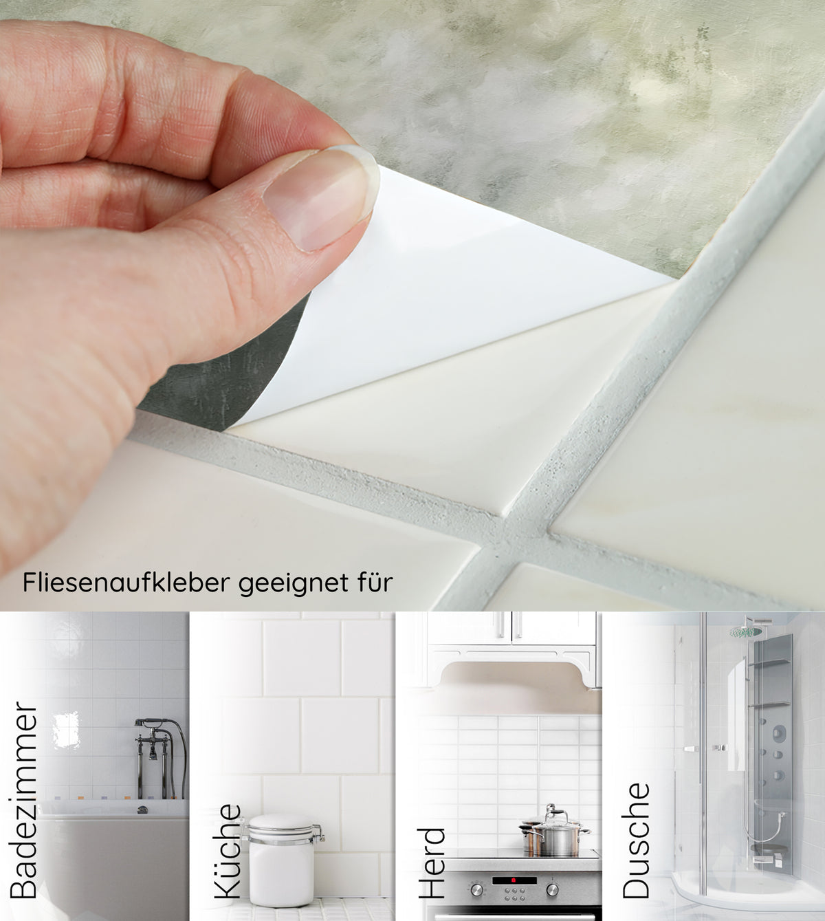 Fliesenaufkleber in Weiß, geeignet für Badezimmer und Küche.