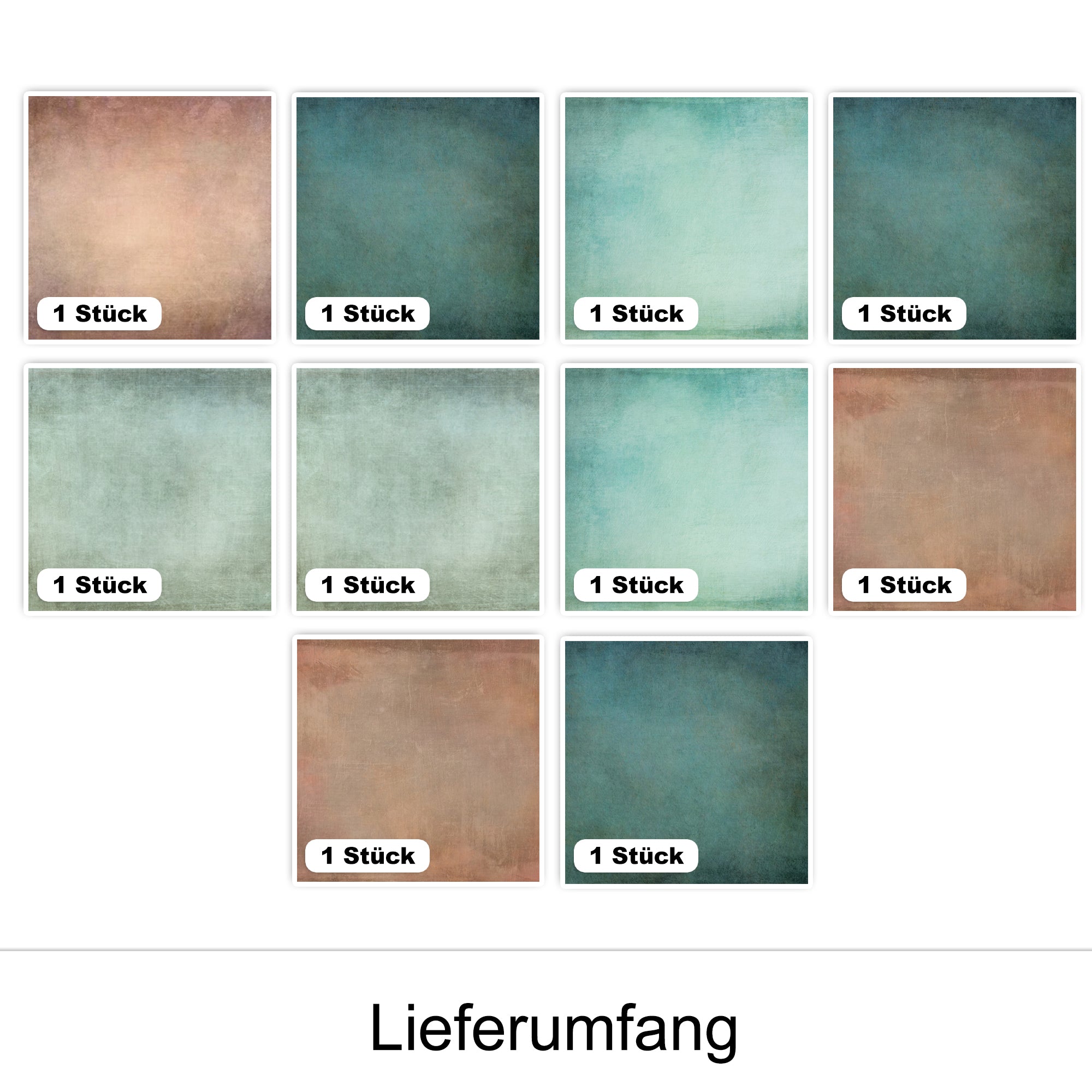 Zehn quadratische Farbmuster in sanften Erdtönen und Blau.