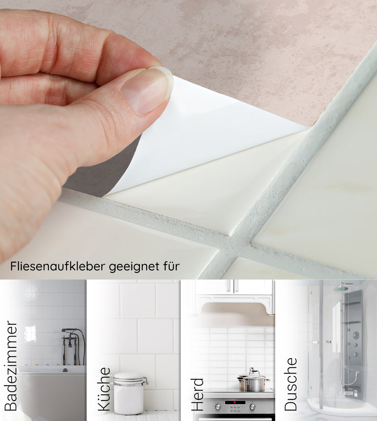 Fliesenaufkleber in Weiß, geeignet für Badezimmer und Küche.