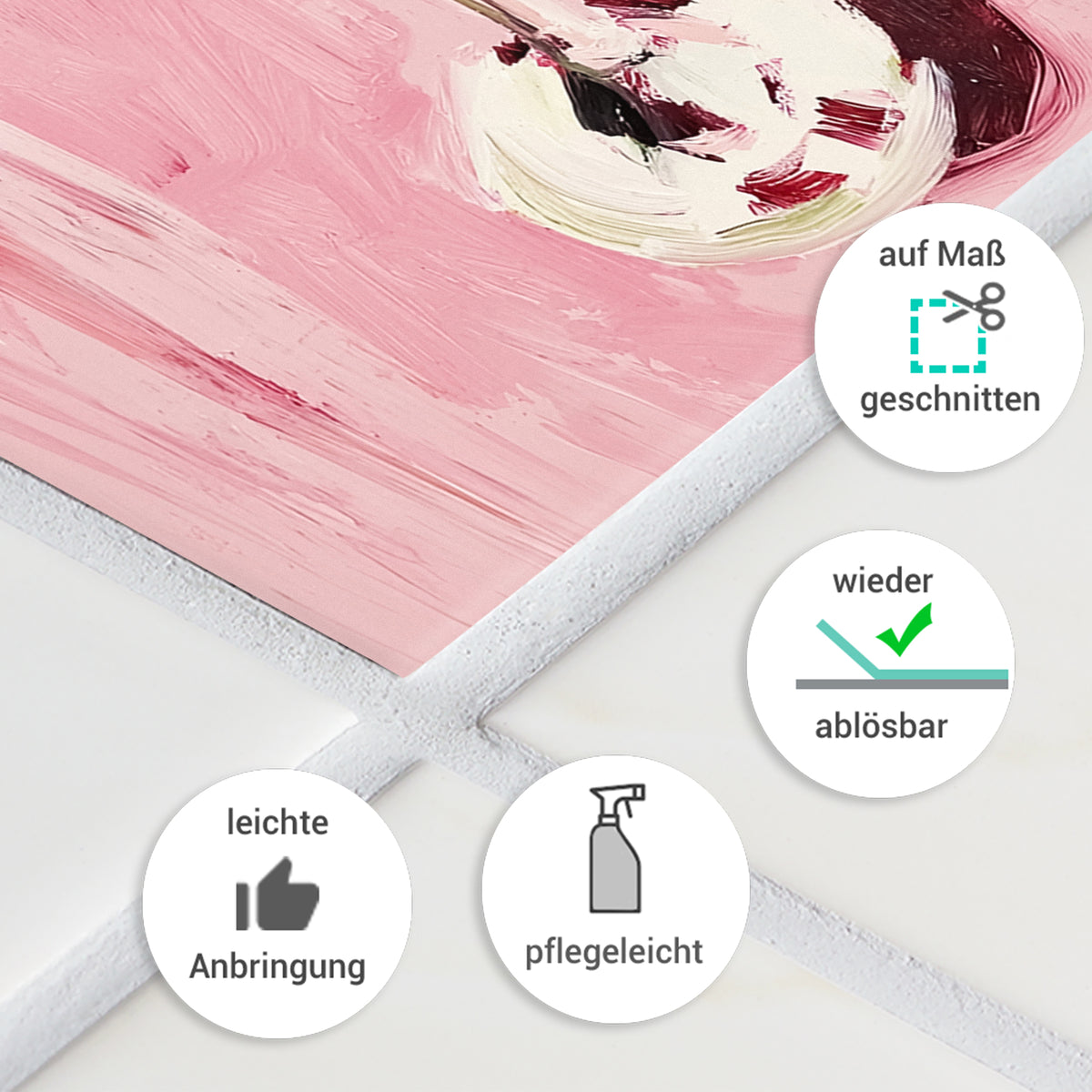 Wandbild in sanften Rosa- und Cremetönen, pflegeleicht.