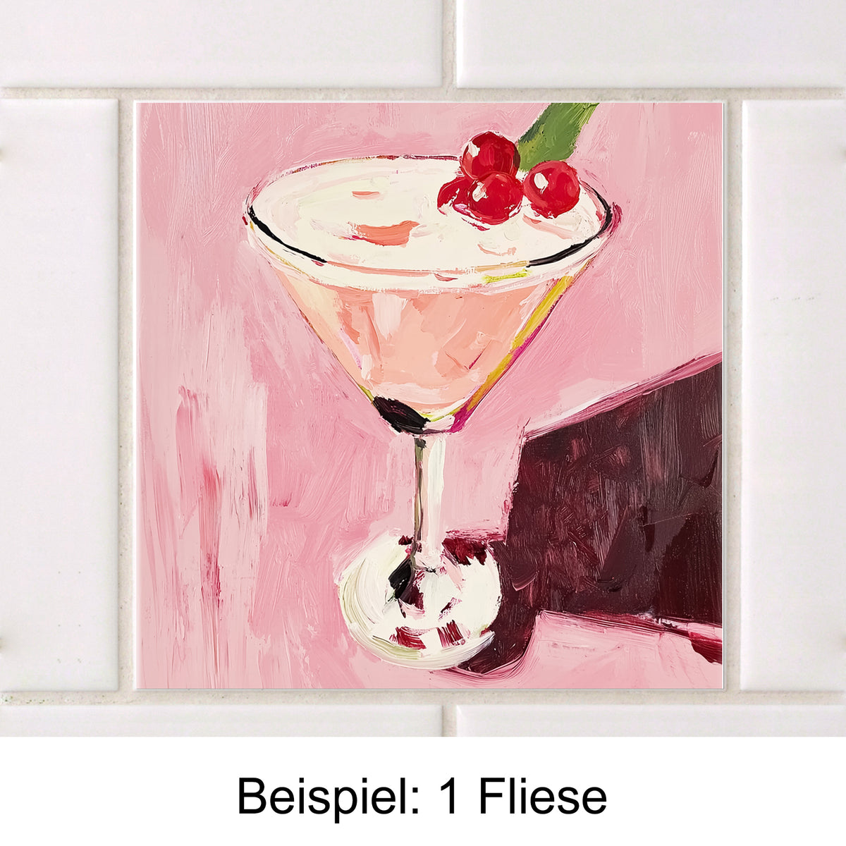 Cocktailglas mit rosa Getränk und roten Kirschen.