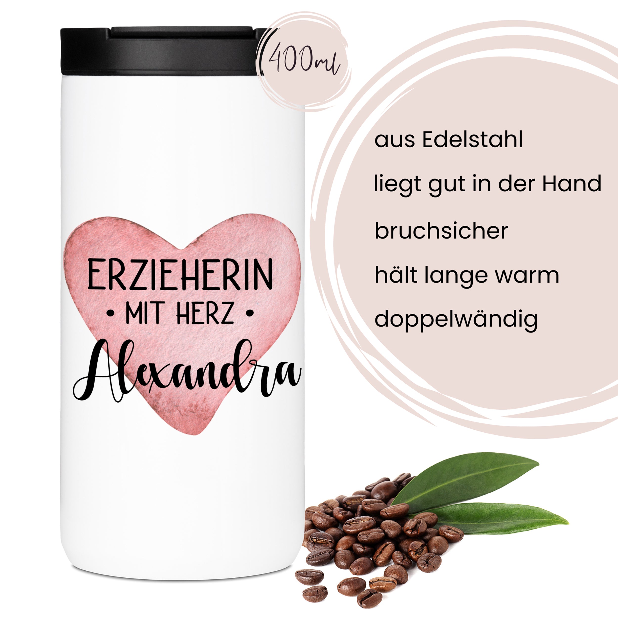 Edelstahlbecher mit Herz, 400ml, bruchsicher, doppelwandig.