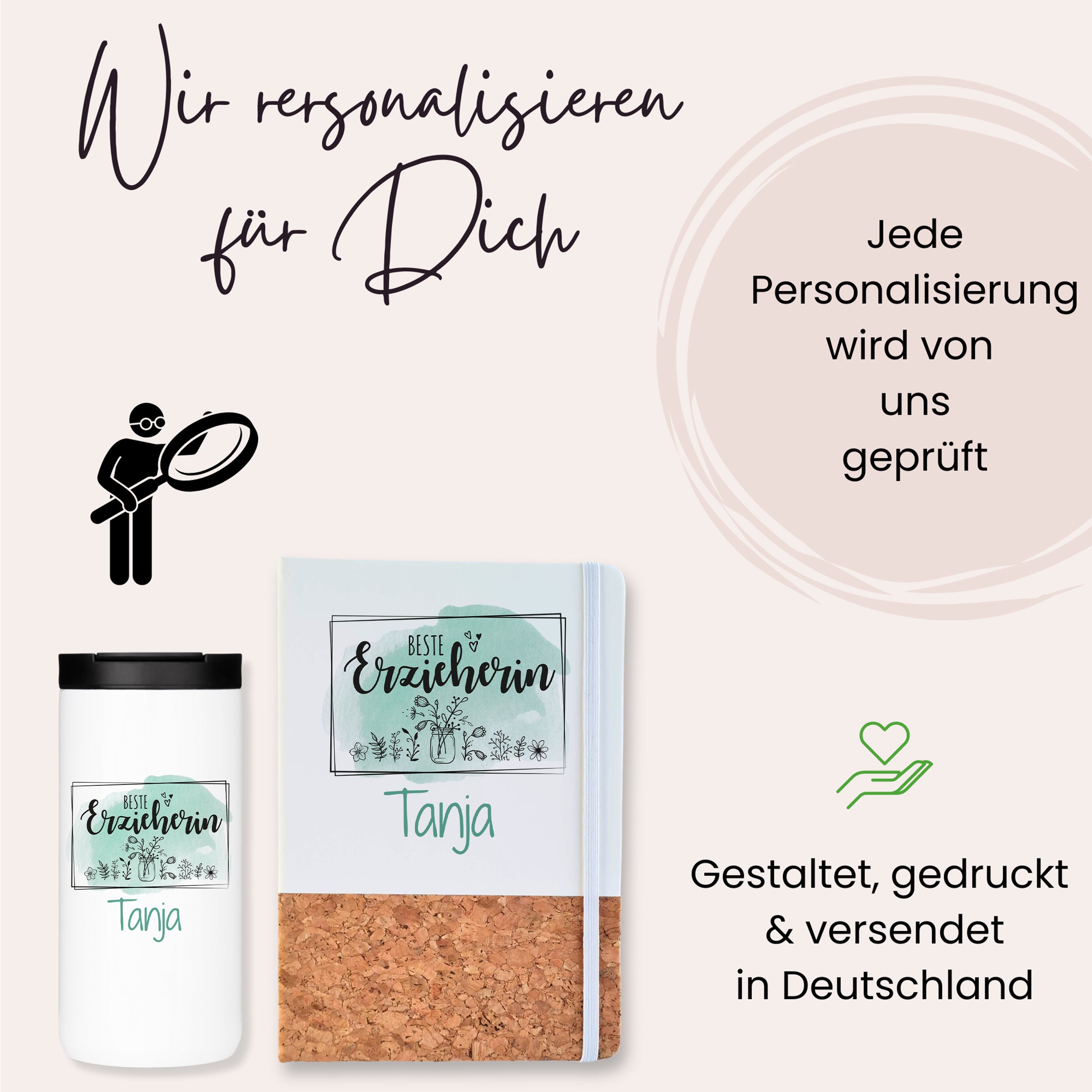 Personalisierte Trinkflasche und Notizbuch für Erzieherin Tanja.