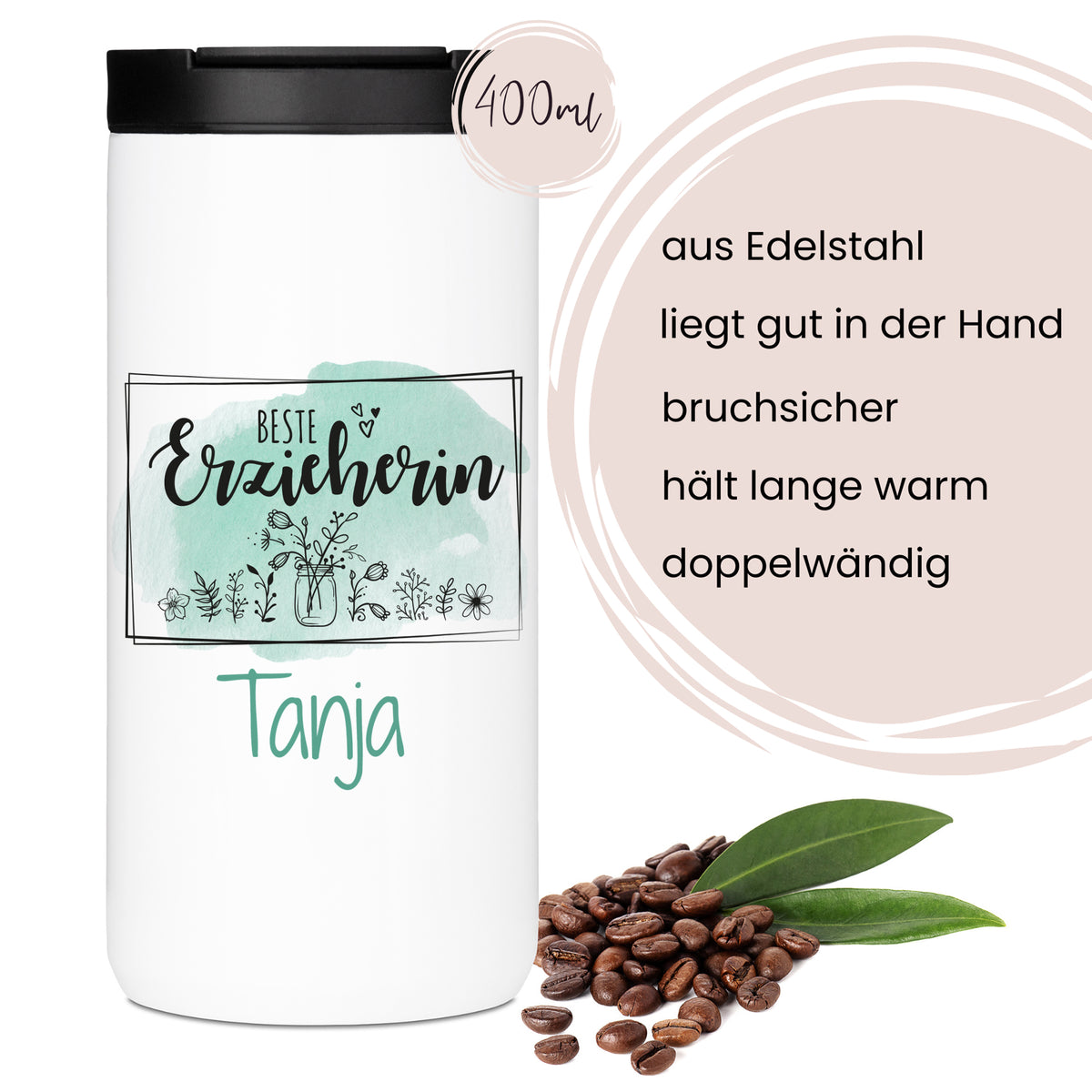 Edelstahlbecher, weiß mit grünem Design, 400ml, bruchsicher.