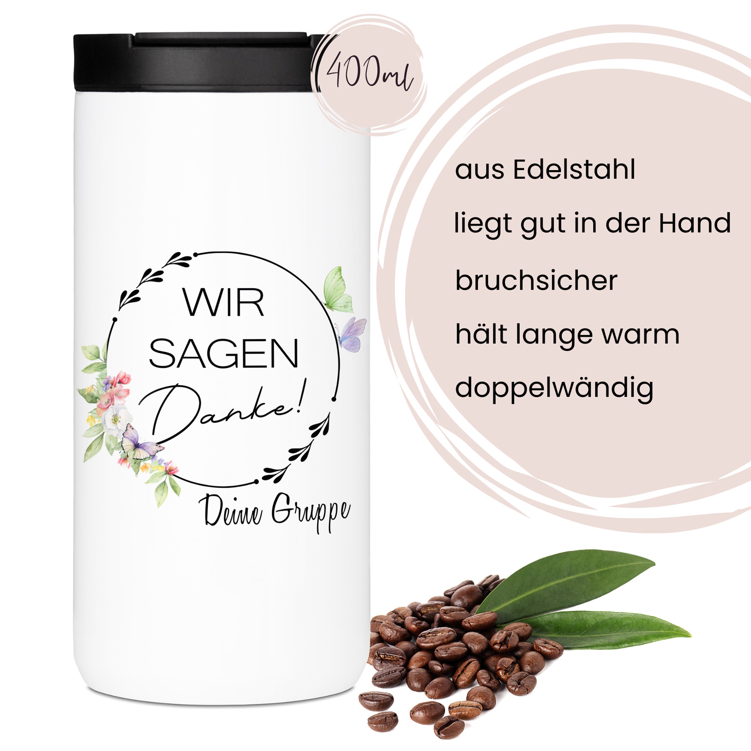 Edelstahlbecher, weiß, 400ml, bruchsicher, doppelwandig.