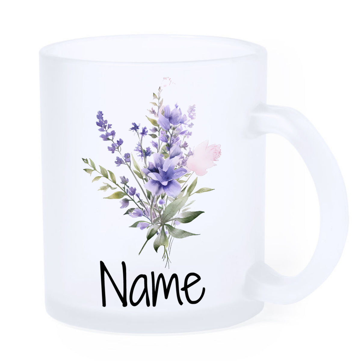 Frosted Becher mit lila Blumen und personalisiertem Namen.