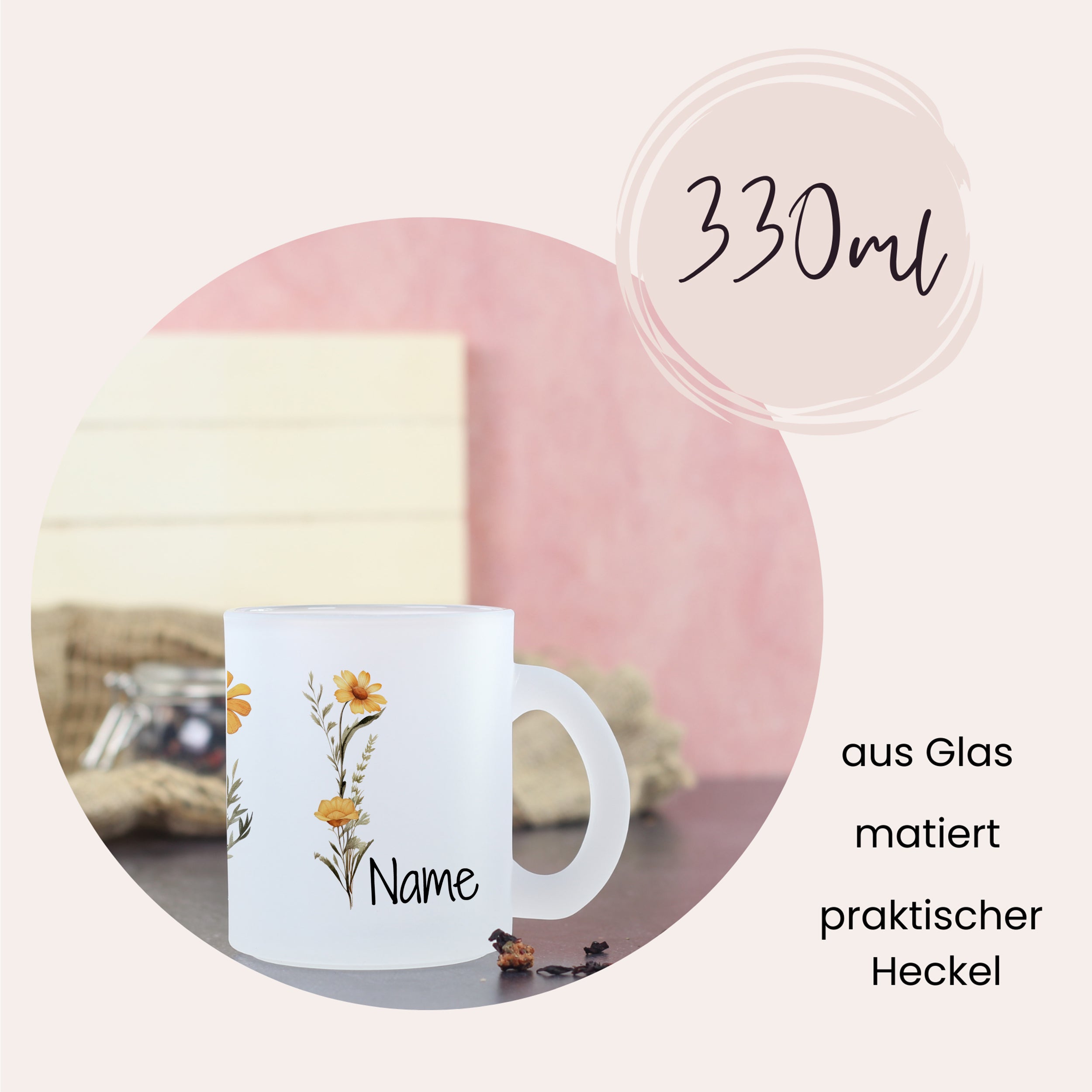 Glasbecher mit floralem Design, 330ml, mattiert.