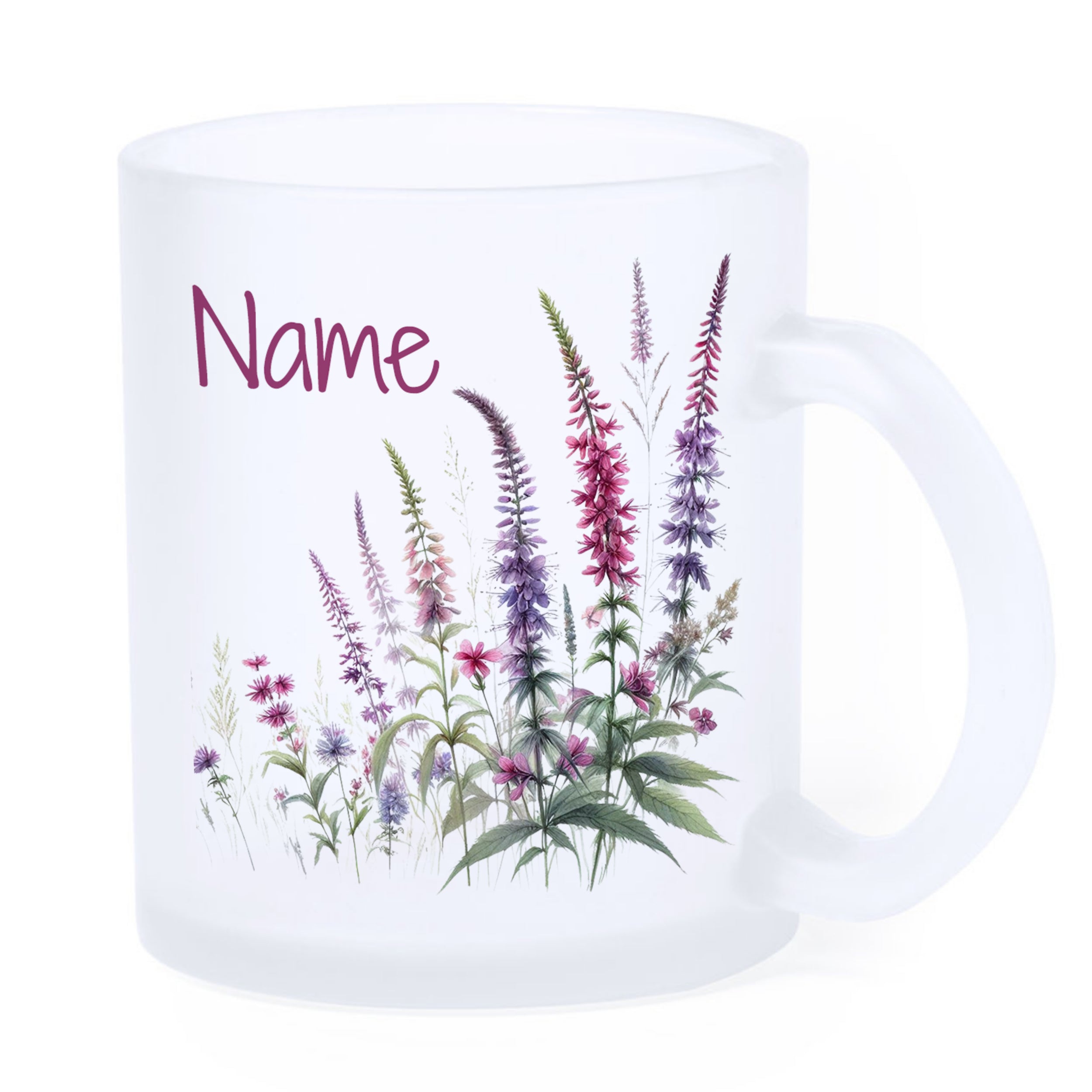 Frosted Glasbecher mit bunten Blumen und personalisiertem Namen.