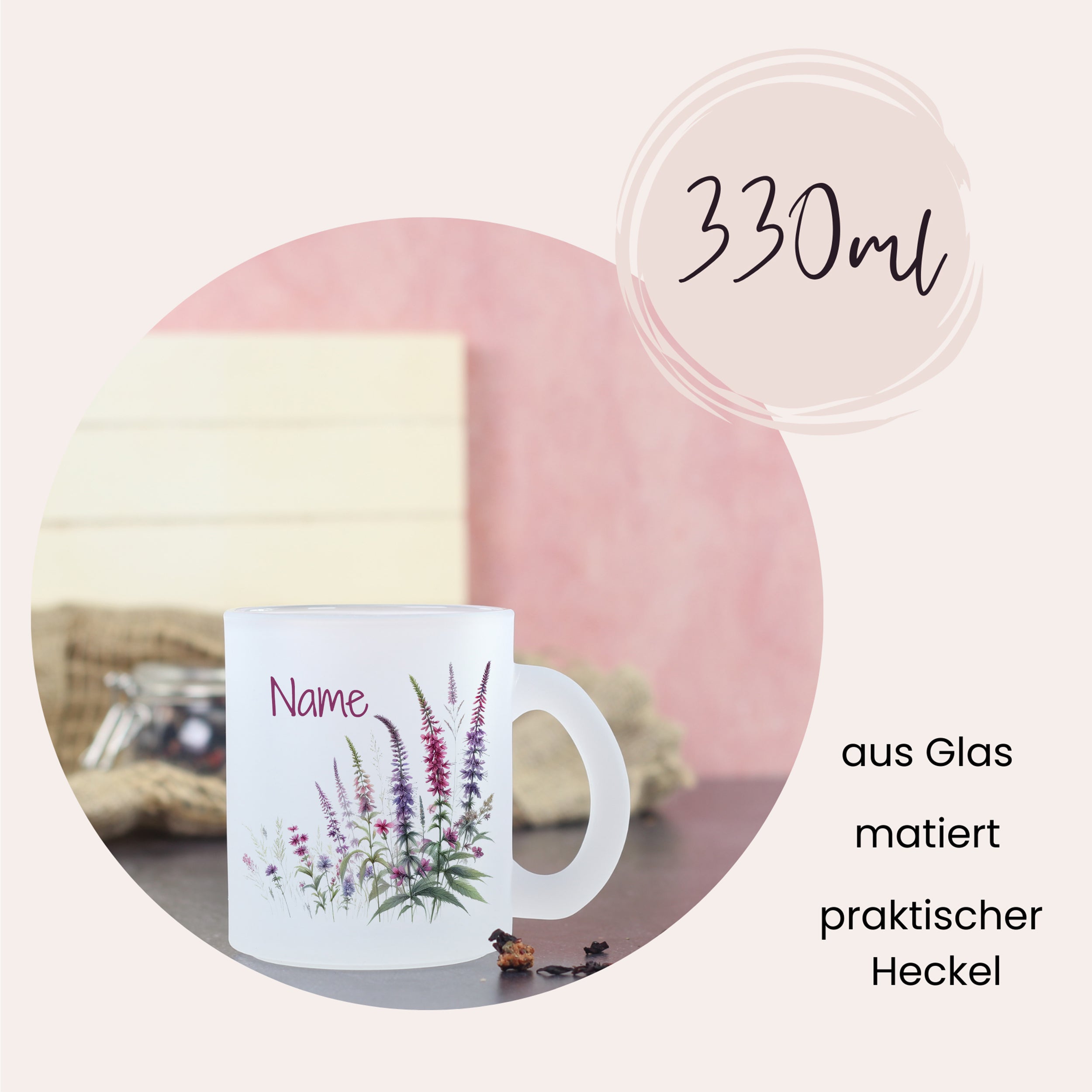 Glasbecher mit floralem Design, 330ml, praktischer Henkel.