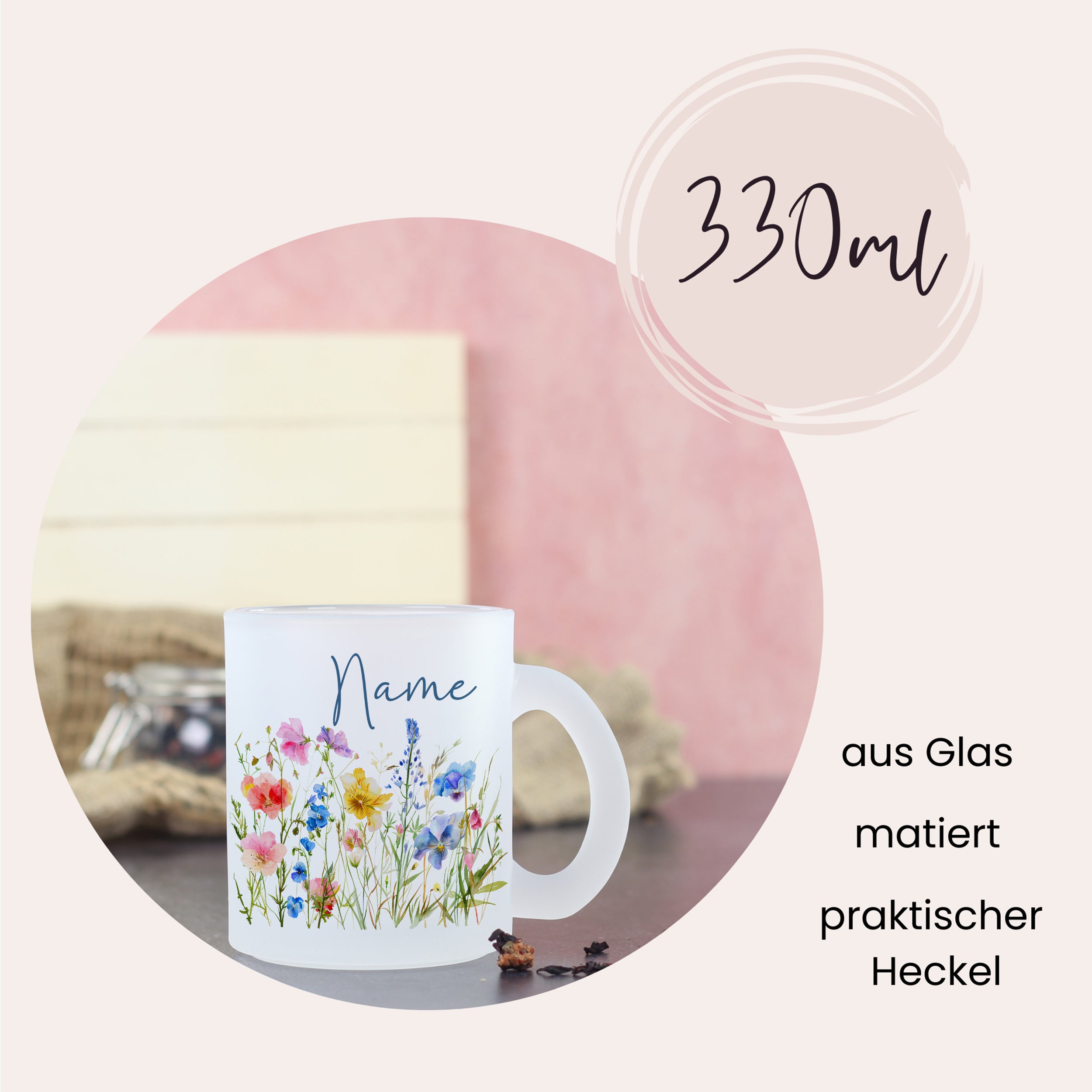 Glasbecher mit buntem Blumenmuster, 330ml, mattiert.