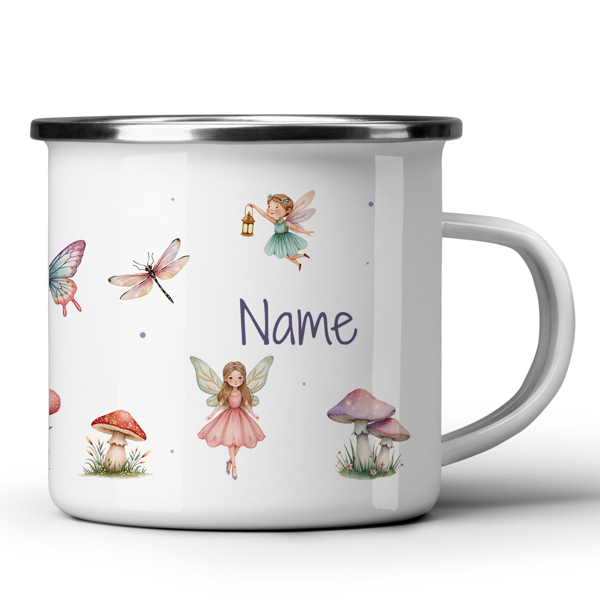 Weißer Emaillebecher mit Feen und Pilzen, personalisierbar.