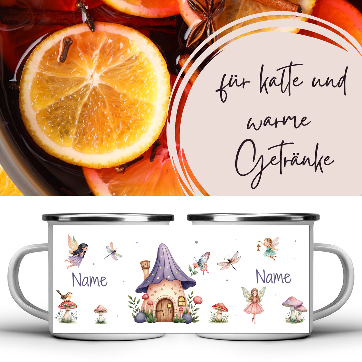 Tasse mit Märchenhaus-Design, weiß mit bunten Feen.