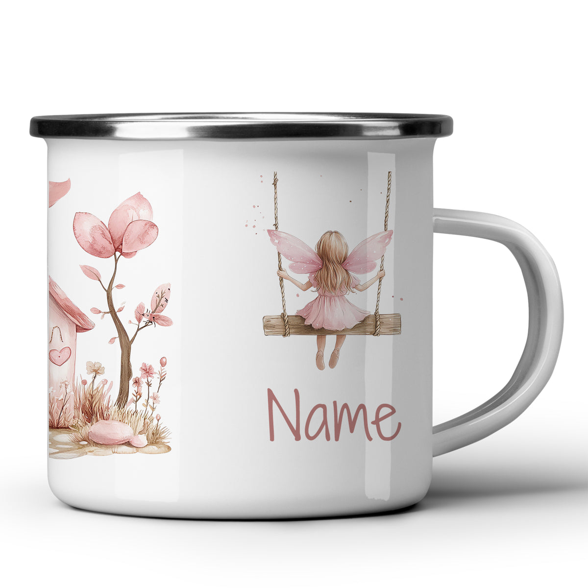 Weißer Emaille-Becher mit feenhaftem Design und personalisierbarem Namen.