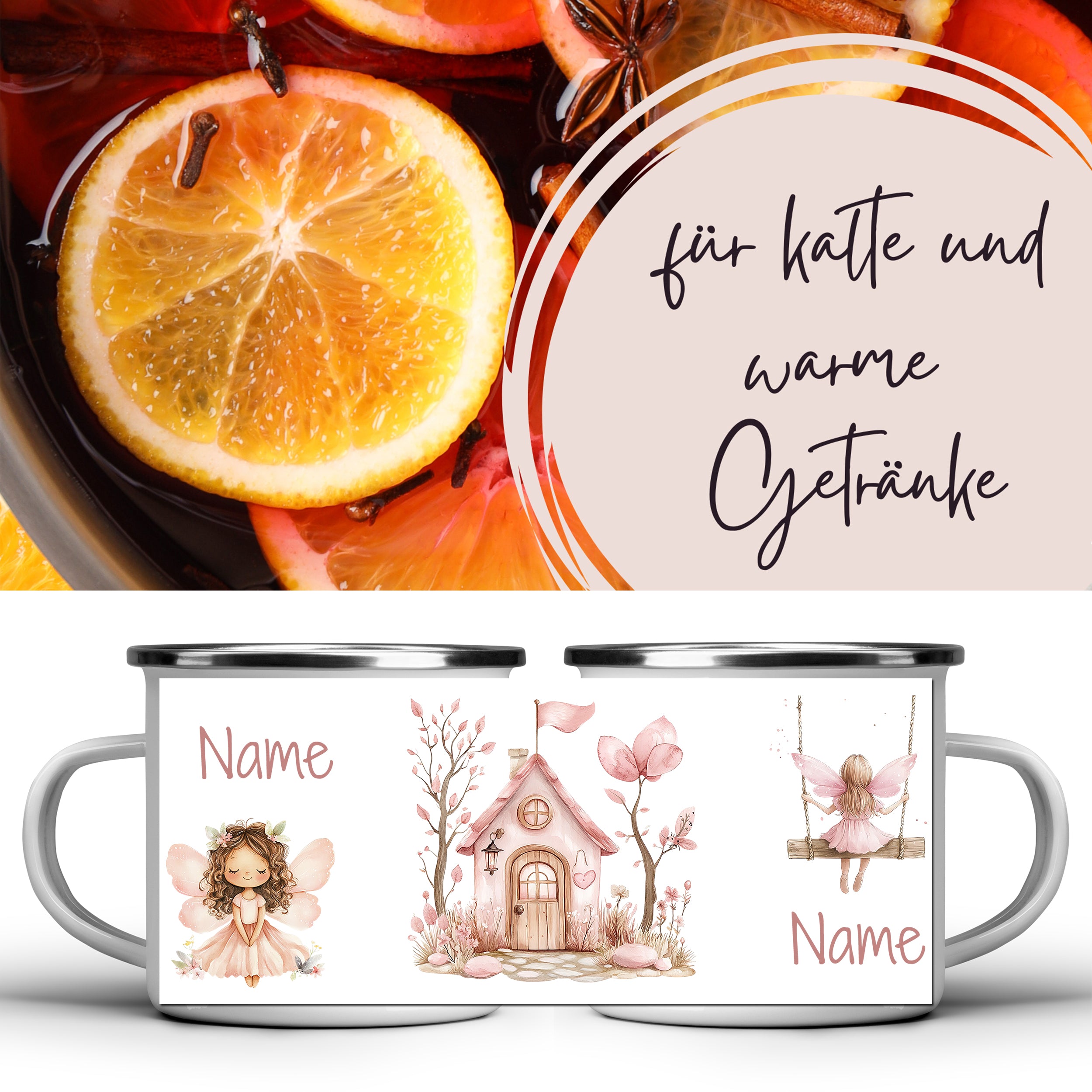 Personalisierbare Emaille-Tassen mit Feenmotiven in Pastellfarben.