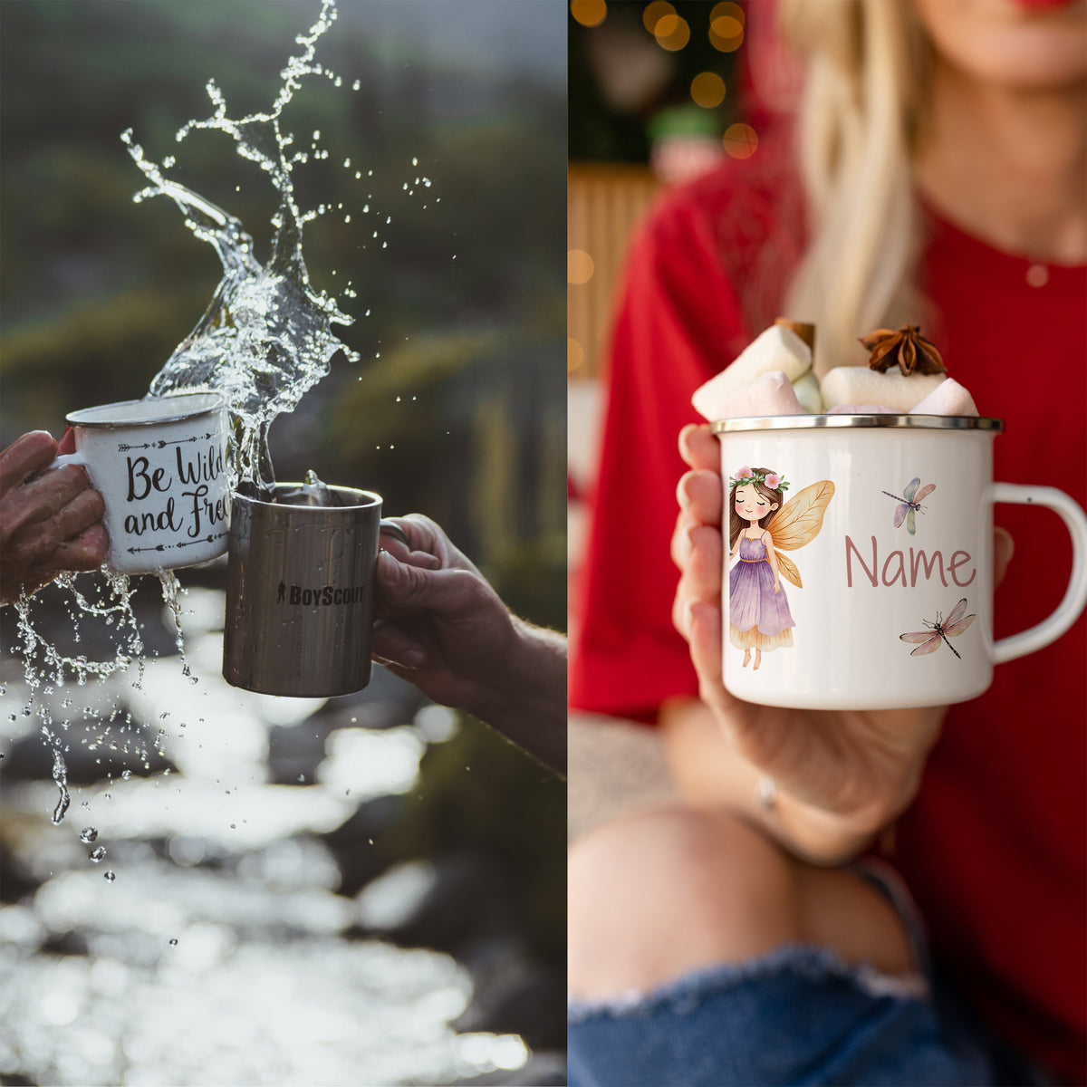Tassen in Silber und Weiß mit personalisierten Designs.