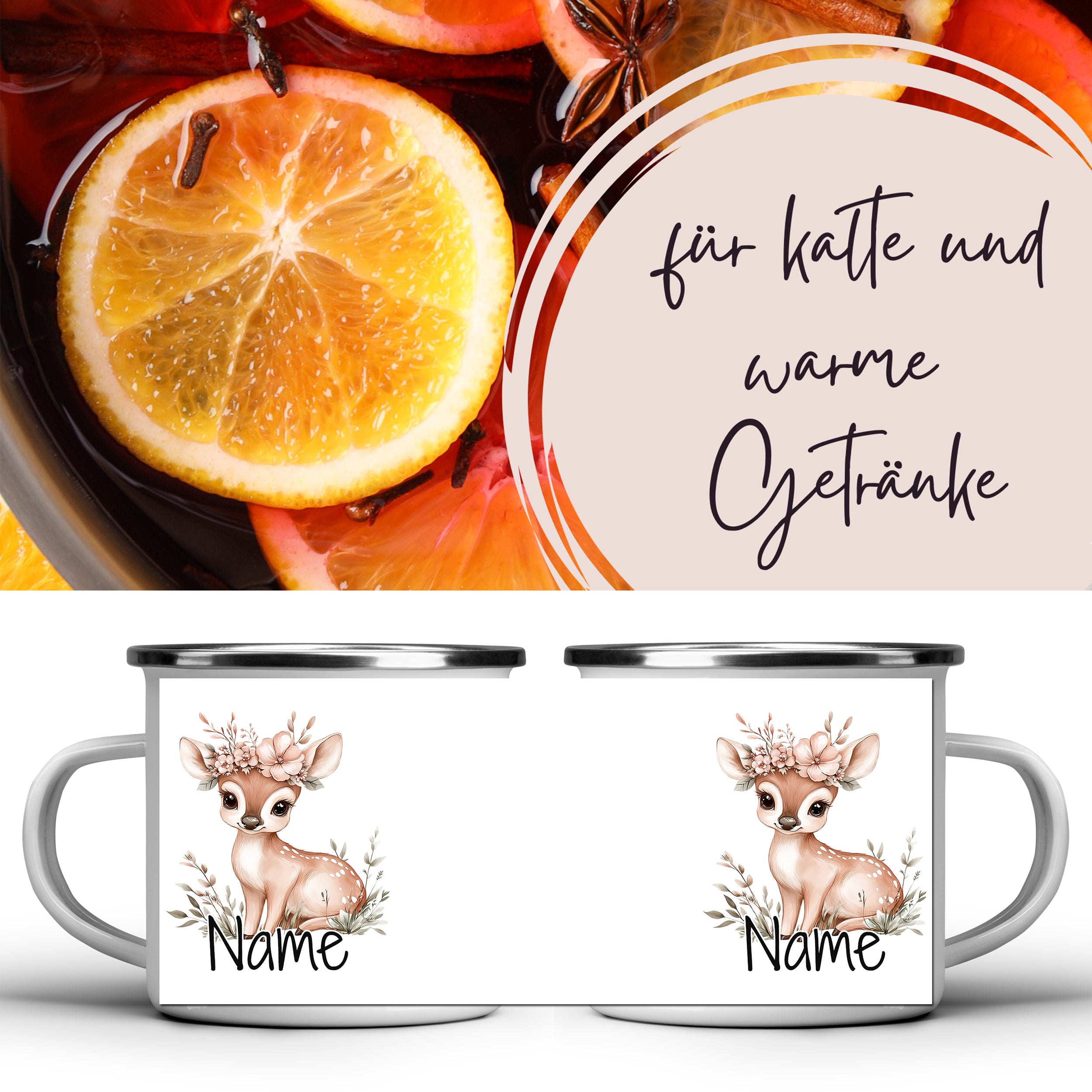 Emaillierte Tasse mit Reh-Motiv und personalisierbarem Namen.