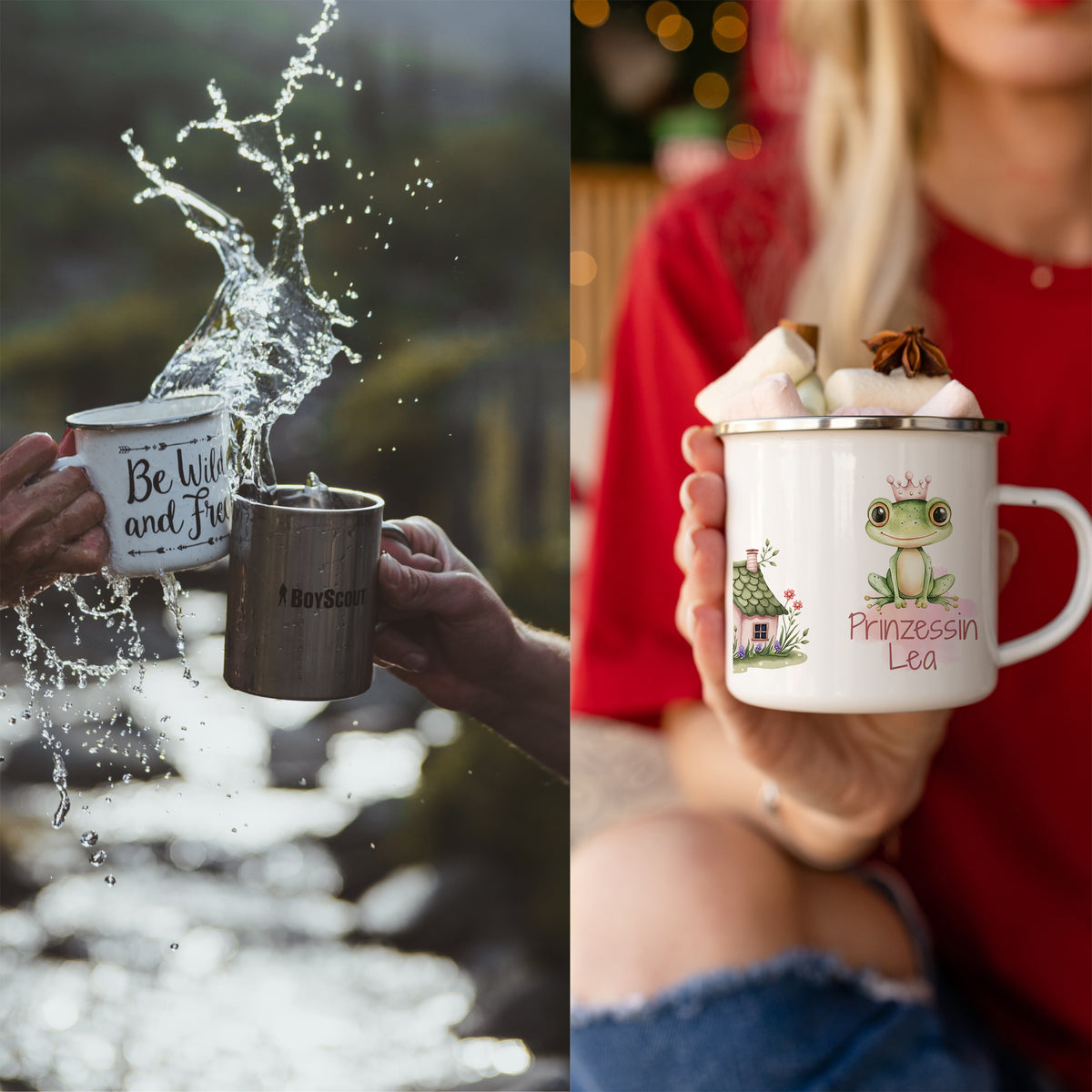 Tassen mit Sprüchen und Tiermotiven, Edelstahl und Weiß.