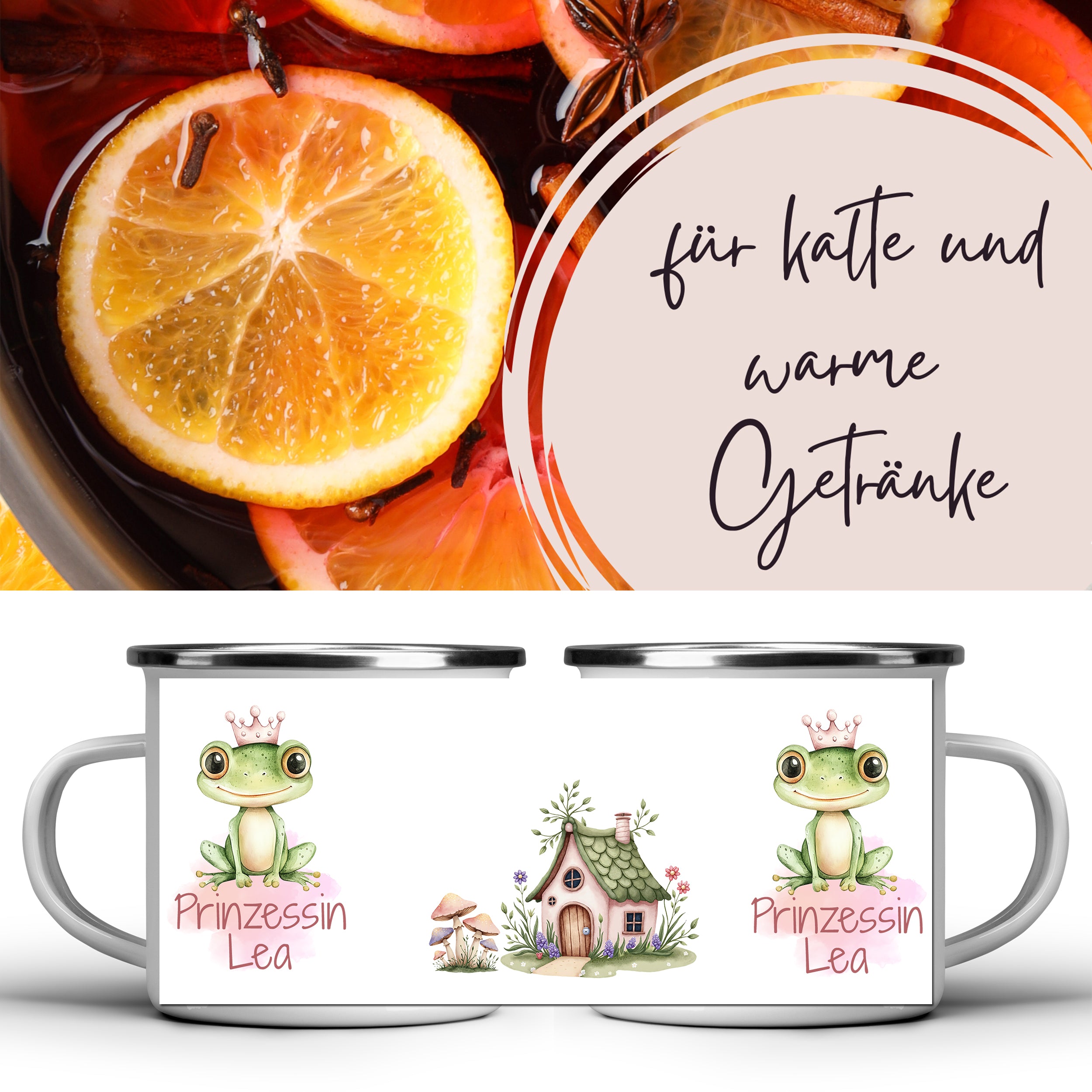 Emaille-Tasse mit Frosch und Haus, weiß mit bunten Details.