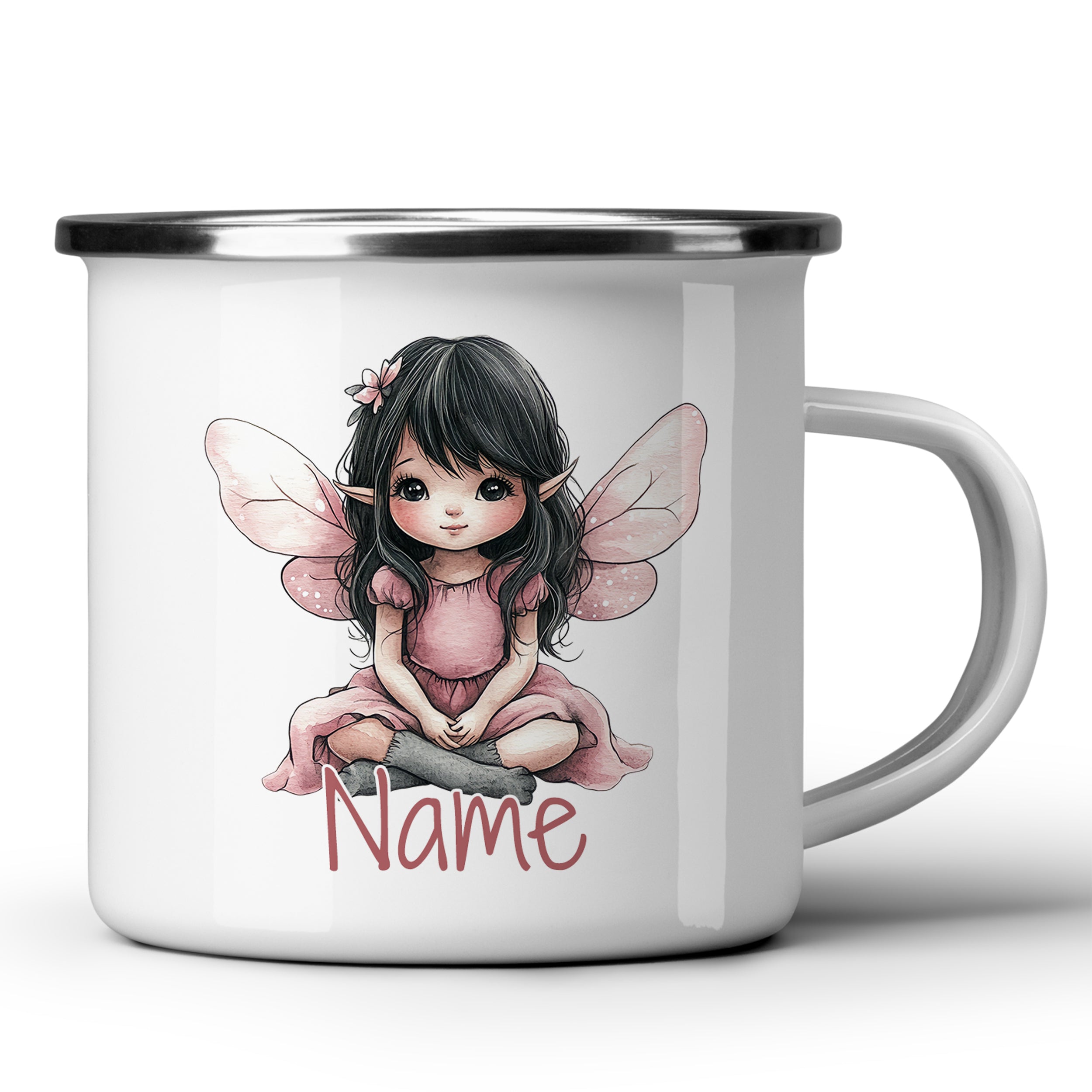 Weißer Emaille-Becher mit Feen-Motiv und personalisierbarem Namen.