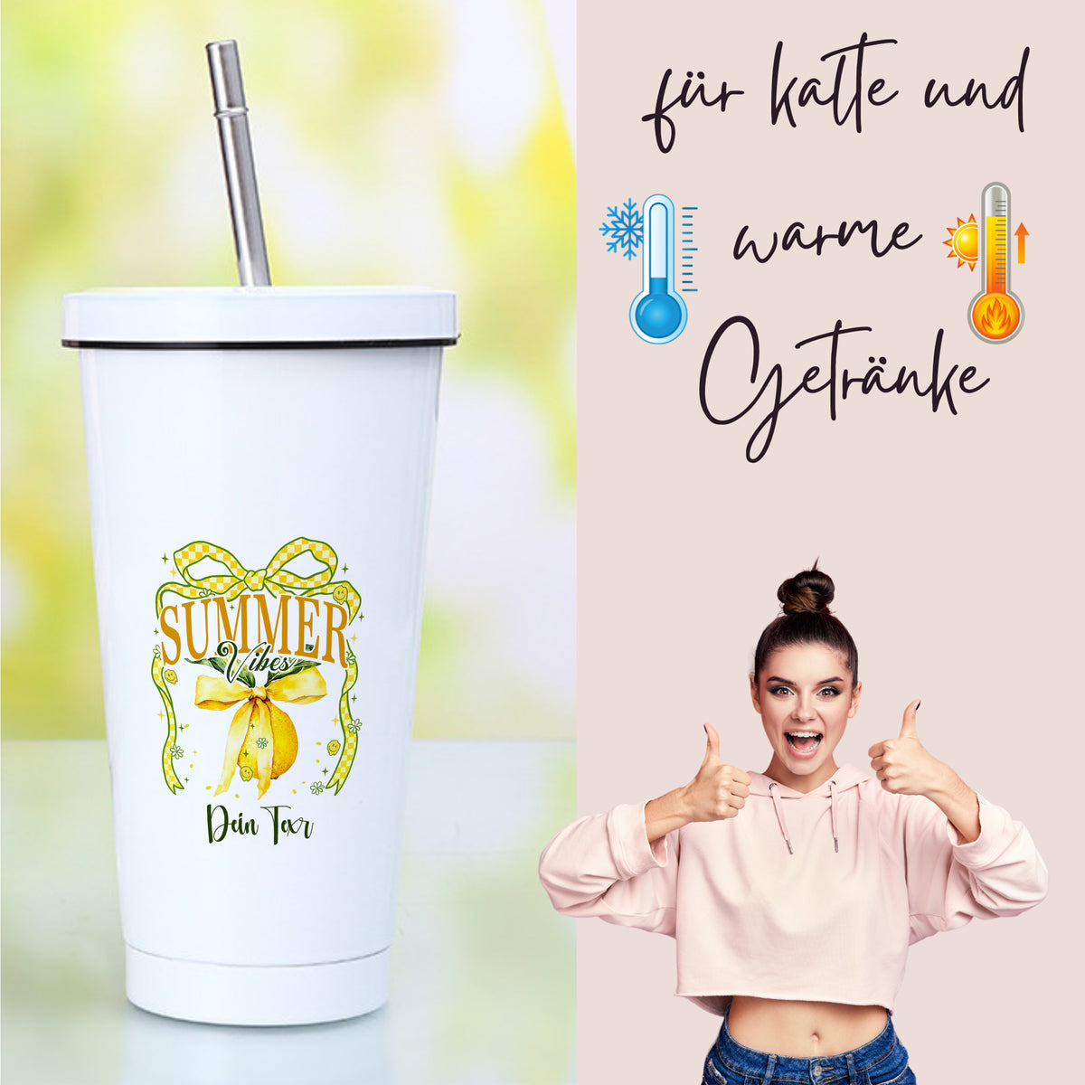 Weißer Becher mit "SUMMER"-Aufdruck für kalte und warme Getränke.