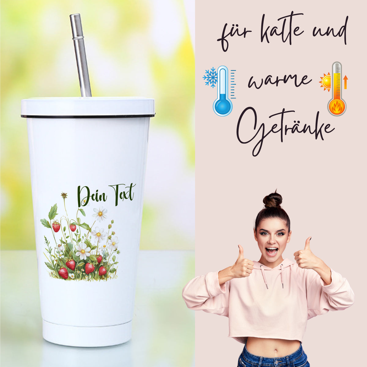 Weißer Becher mit buntem Blumendesign für Getränke.