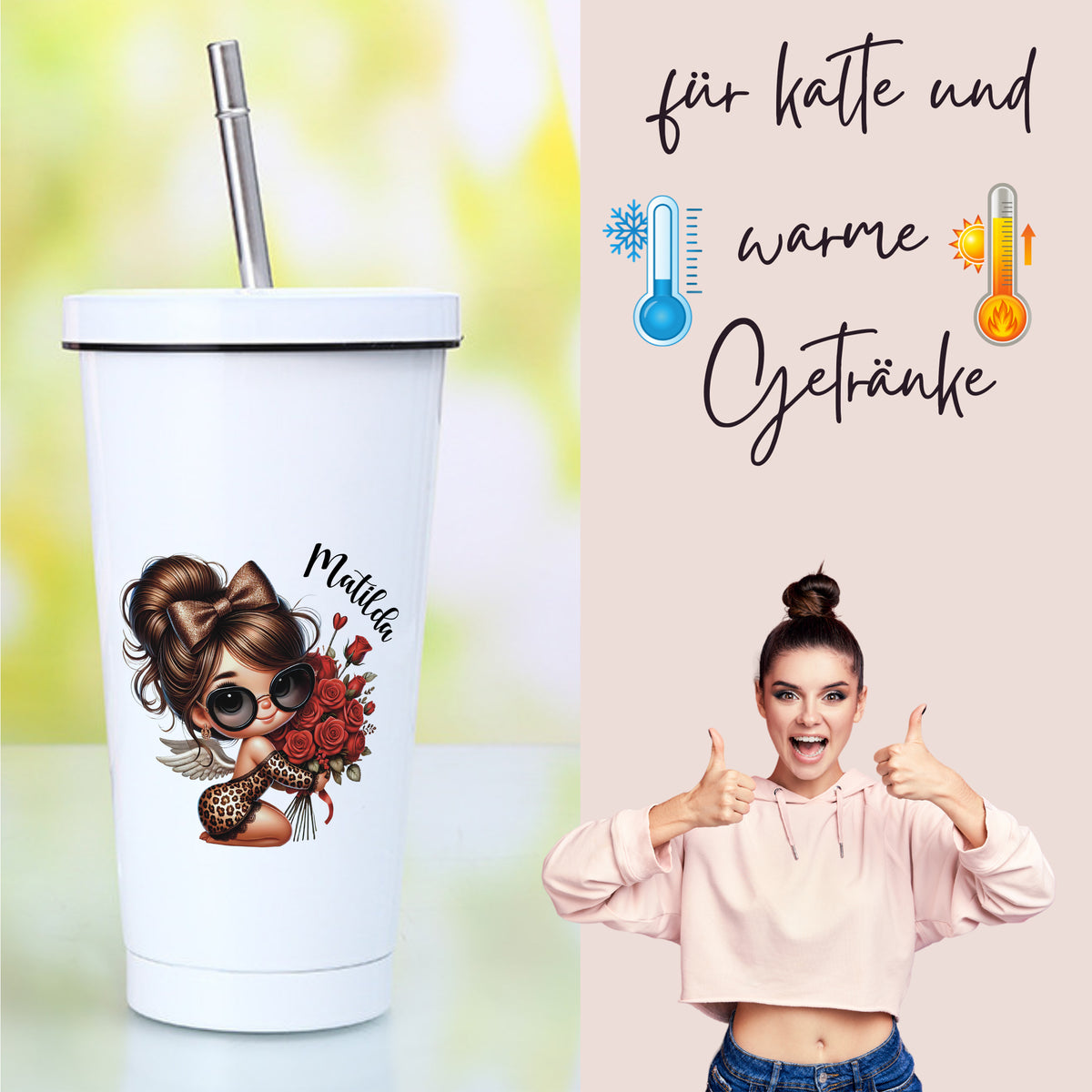 Weißer Trinkbecher mit buntem Mädchenmotiv für kalte und warme Getränke.