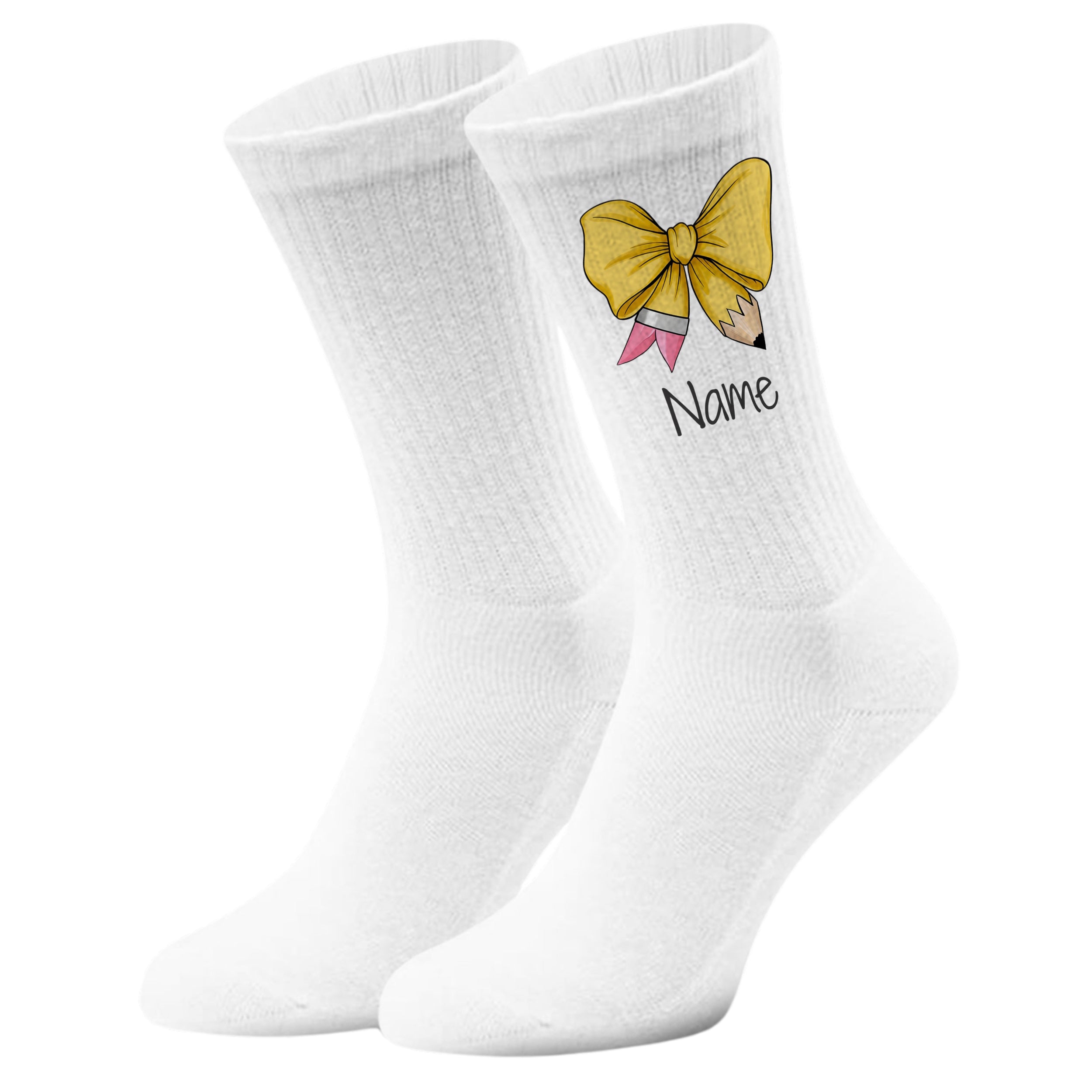 Weiße Socken mit gelbem Schleifenmotiv und Platz für Namen.