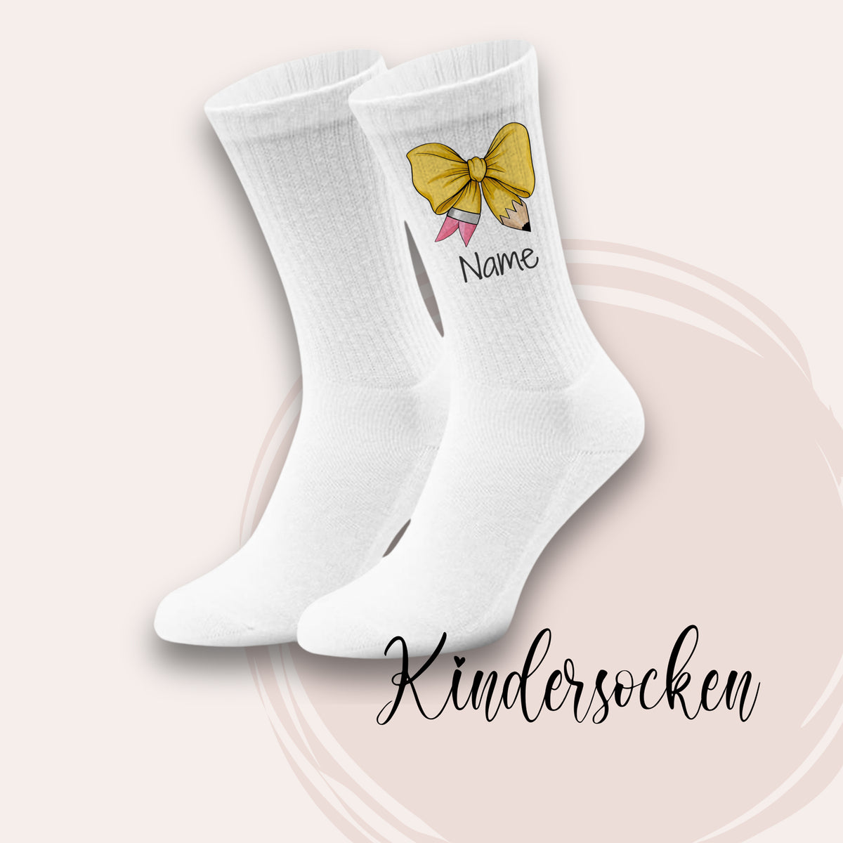 Weiße Kindersocken mit gelbem Schleifenmotiv und Platz für Namen.