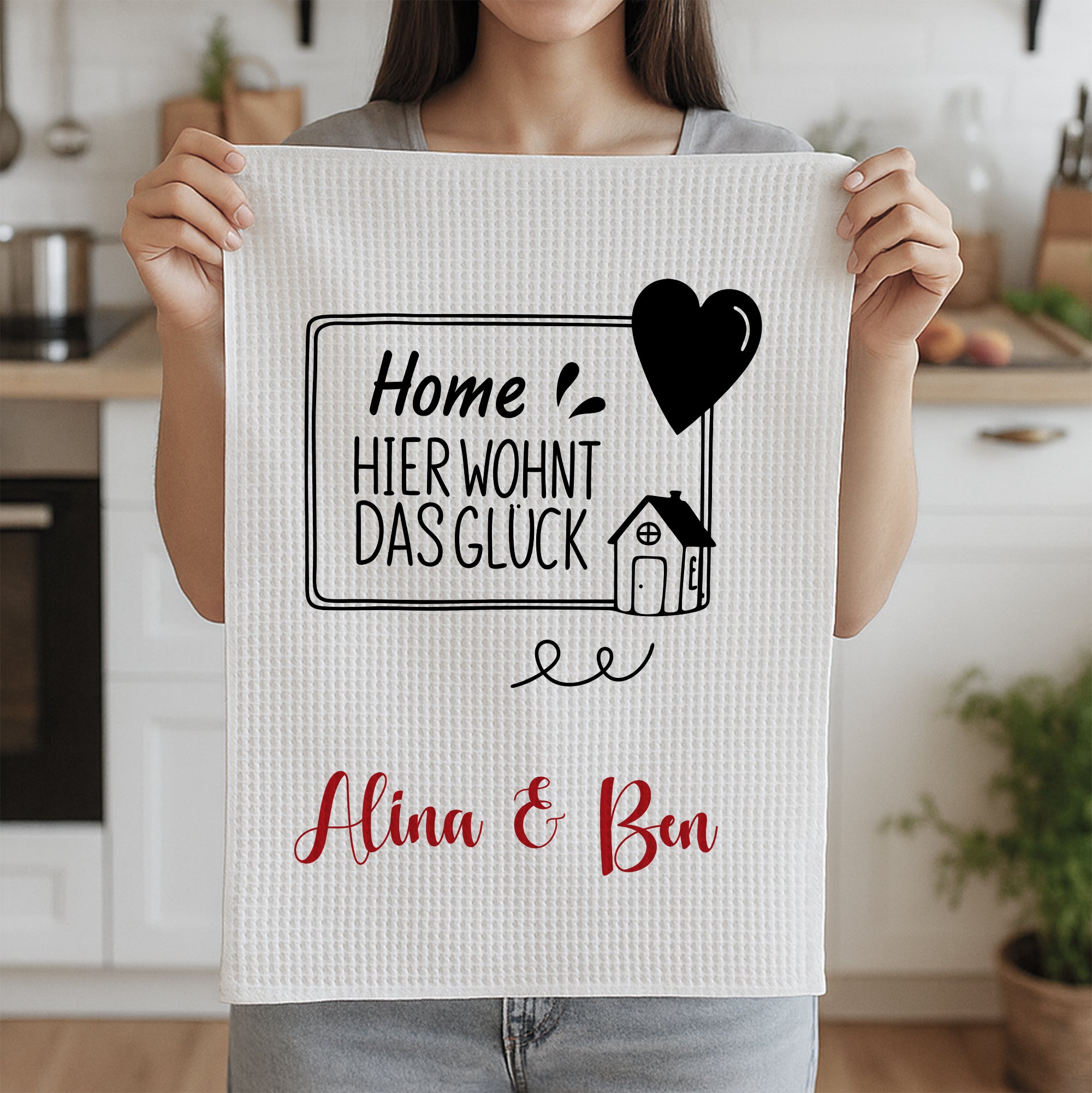 Küchentuch mit Aufdruck "Home, hier wohnt das Glück", personalisiert.
