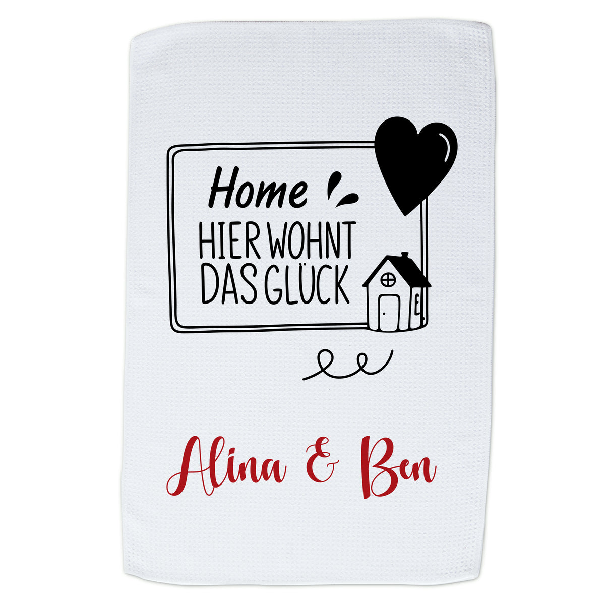 Weißes Handtuch mit schwarzem und rotem Druck, personalisiert.