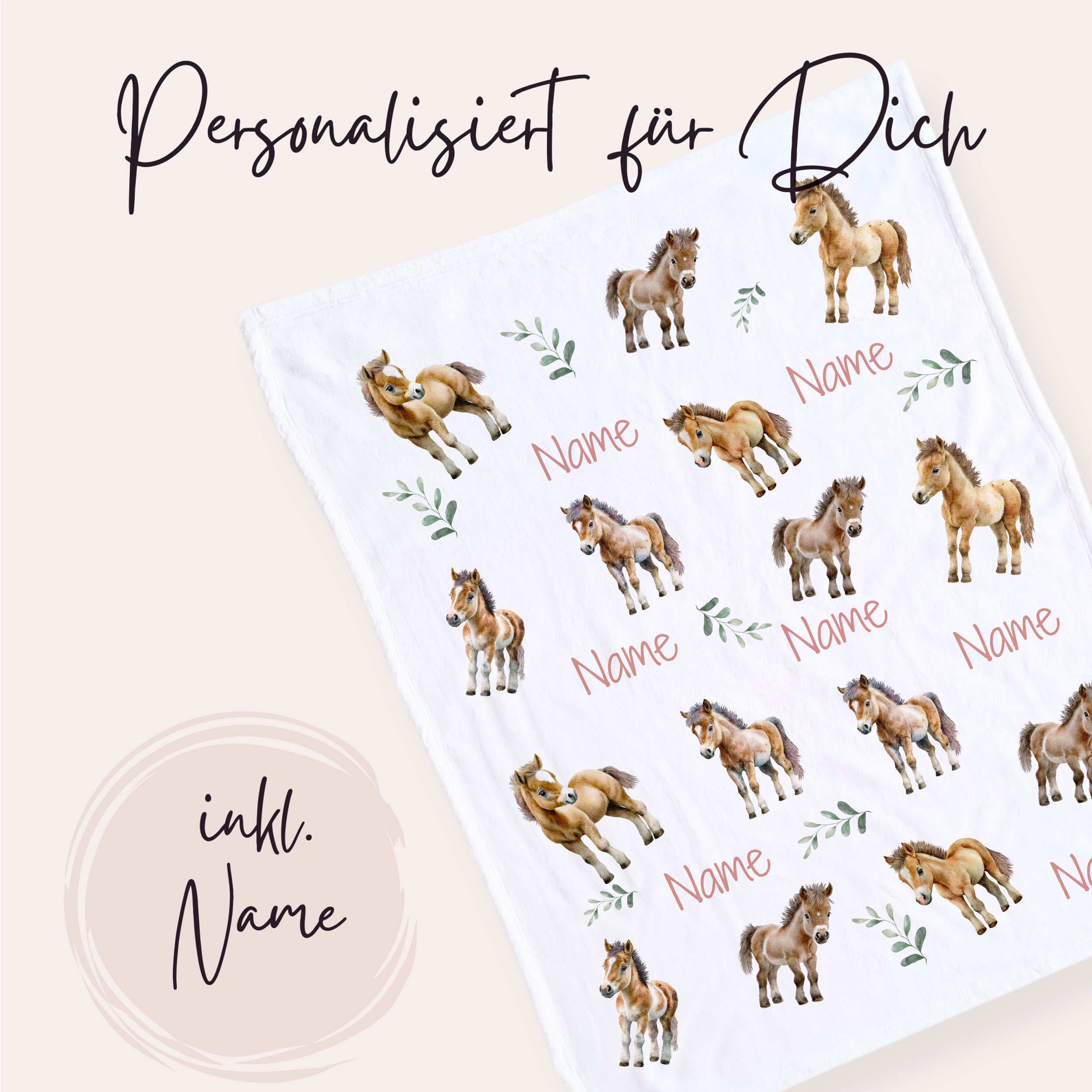 Babydecke mit Pferdemotiv und Wunschname, Produktansicht zur Personalisierung