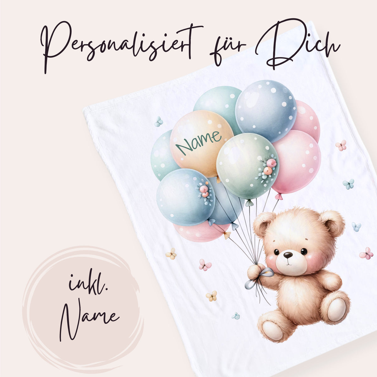 Babydecke mit Bär und Ballons sowie Wunschname, Produktansicht zur Personalisierung