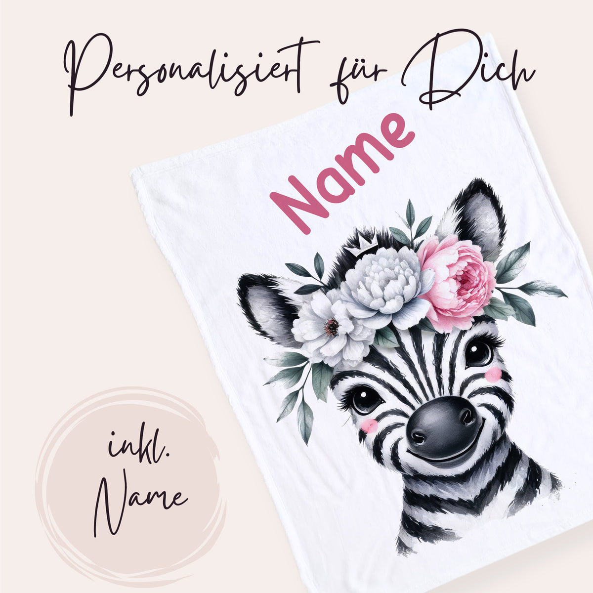 Personalisierte Zebra-Decke mit Blumen und Name.