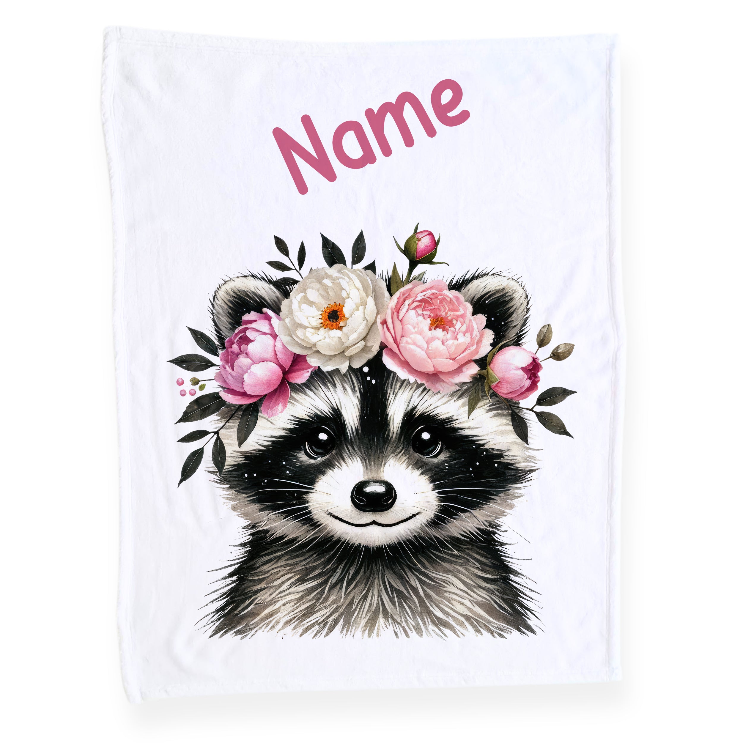 Flauschige Decke mit Waschbär und Blumenmotiv, personalisierbar.