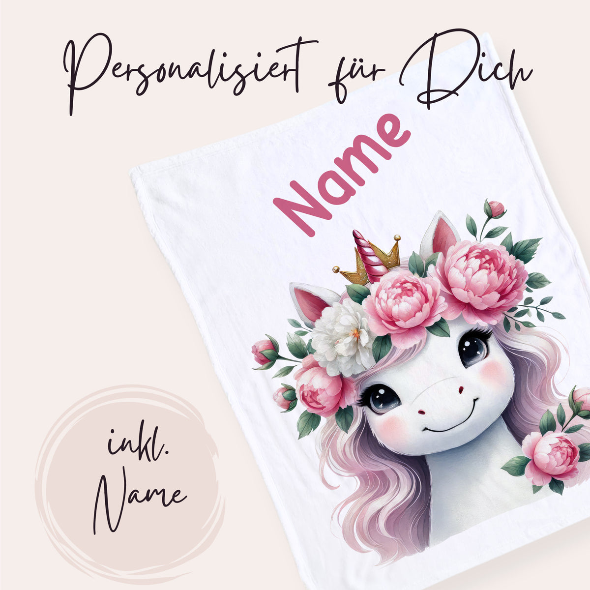 Personalisierte Einhorn-Decke mit Blumen, inkl. Name.