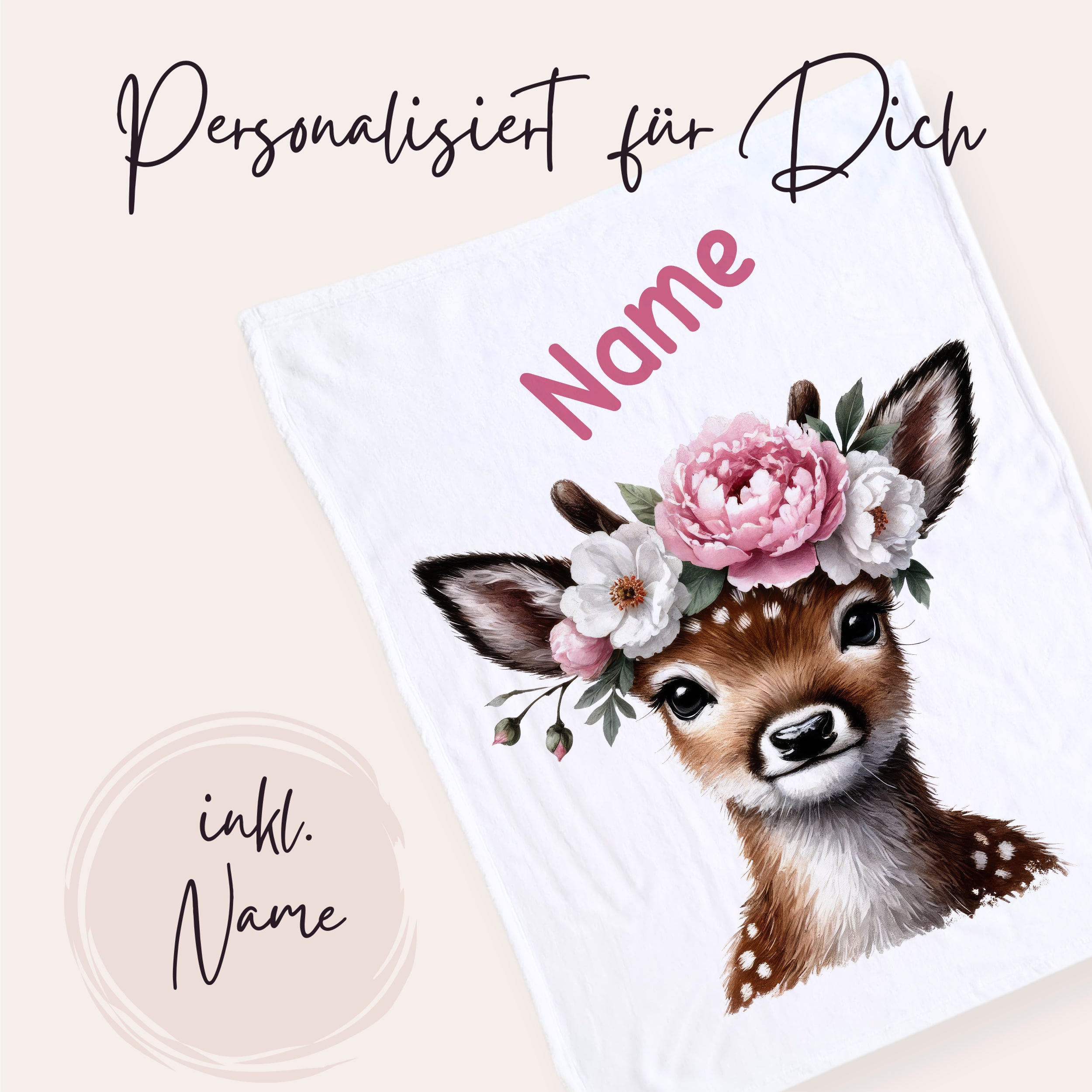Personalisierte Decke mit Reh und Blumenkranz.