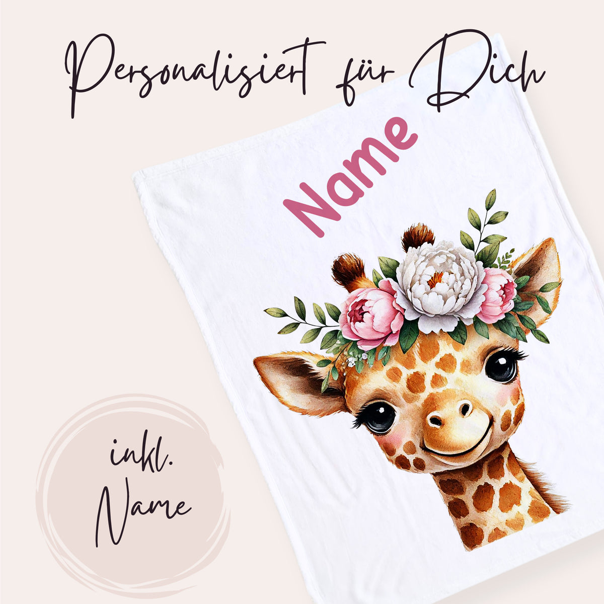 Personalisierte Giraffe mit Blumenkranz und Platz für Namen.